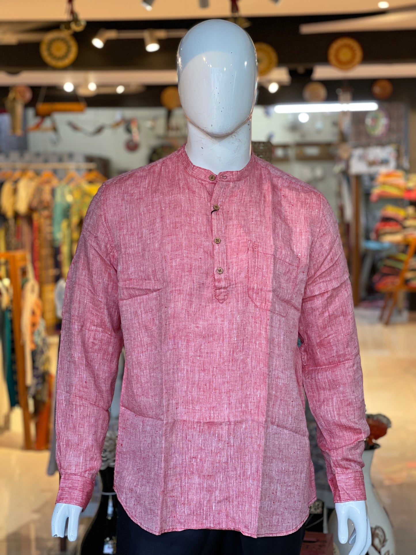 Red full sleeves short kurta for men in natural hemp fabric