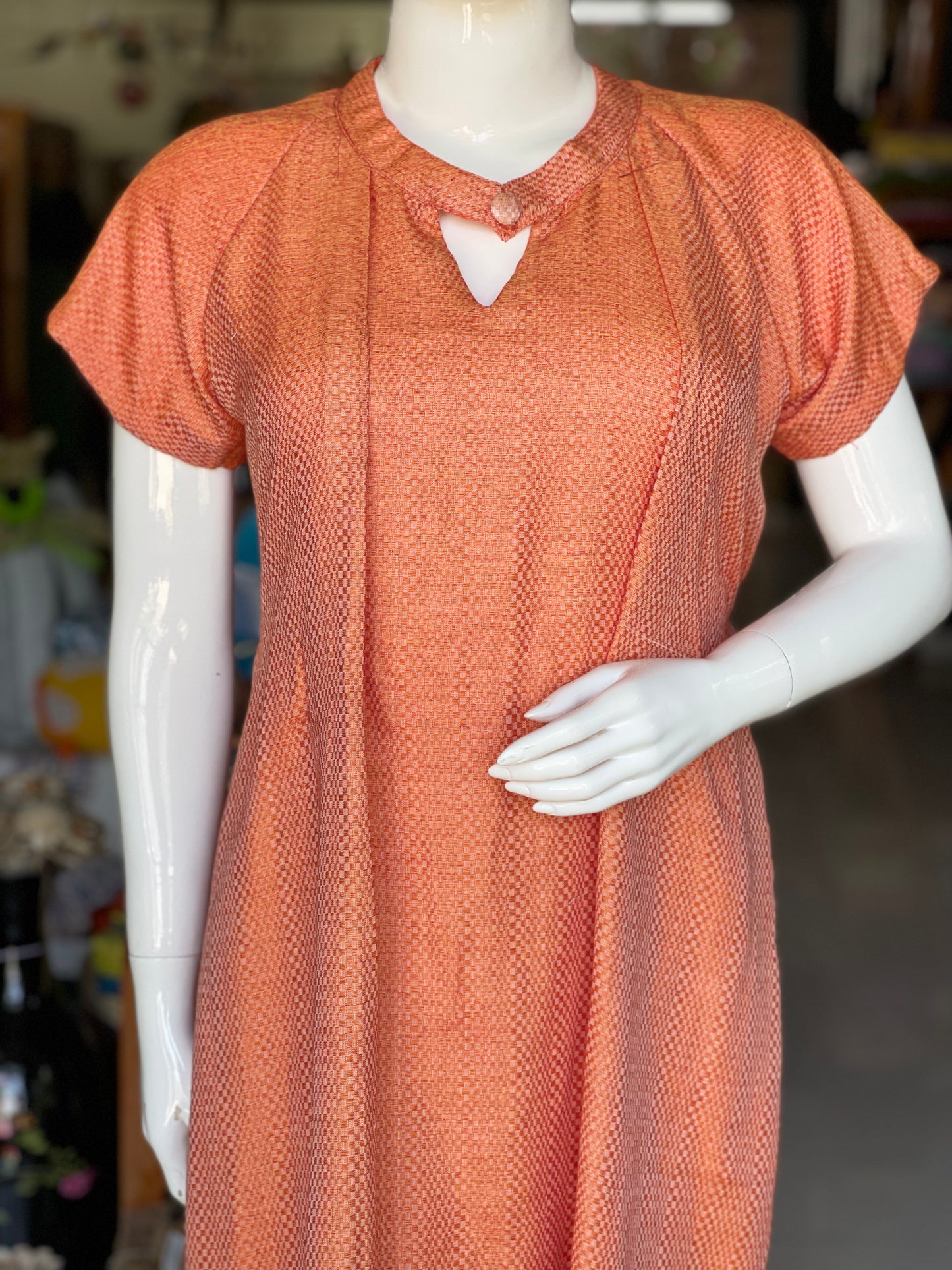 Orange textured 4 pedal handwoven cotton dress with raglan sleeves and belt