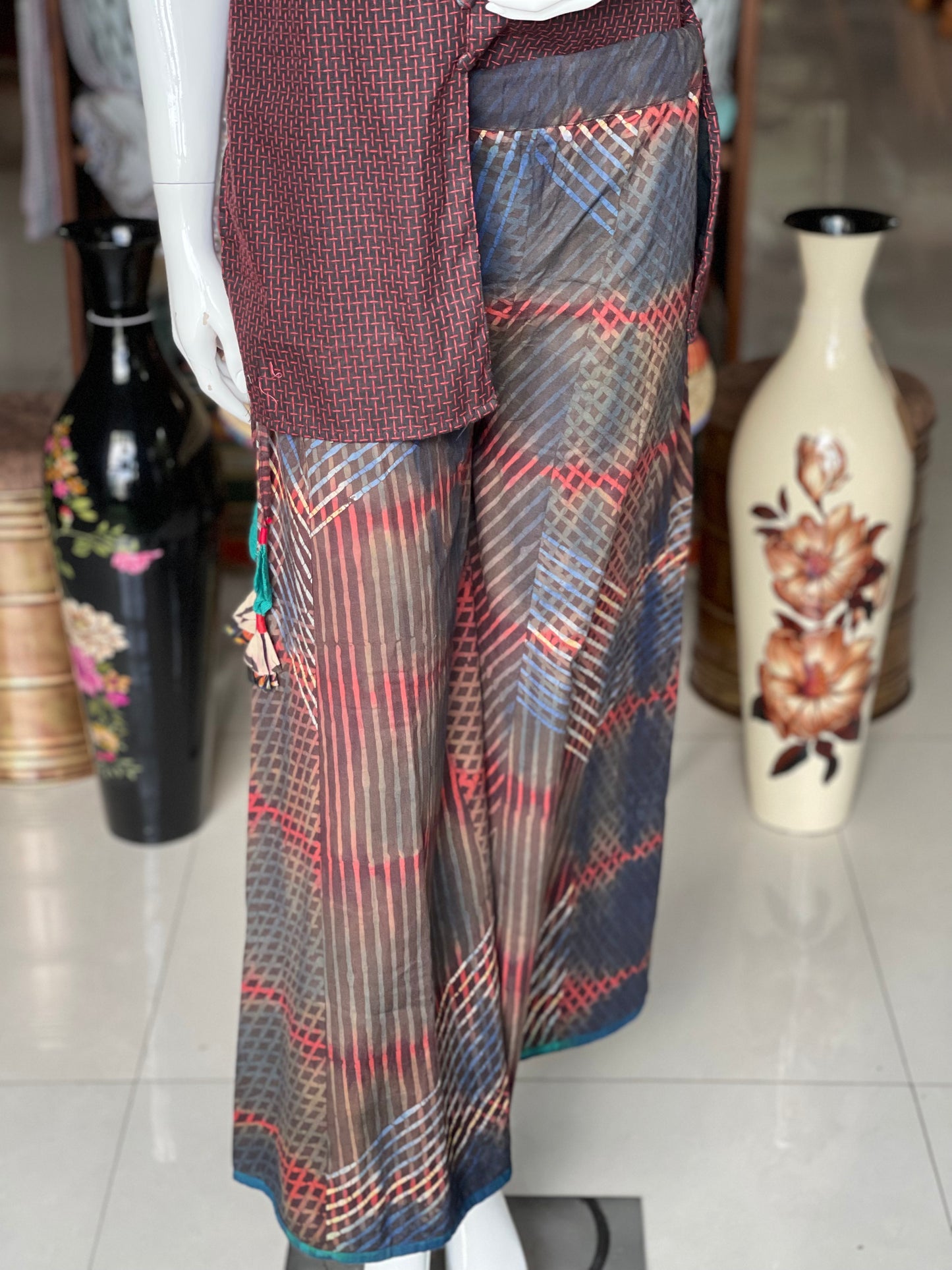 Brown black criss cross design hand block Batik cotton free size plazo with waist draw string