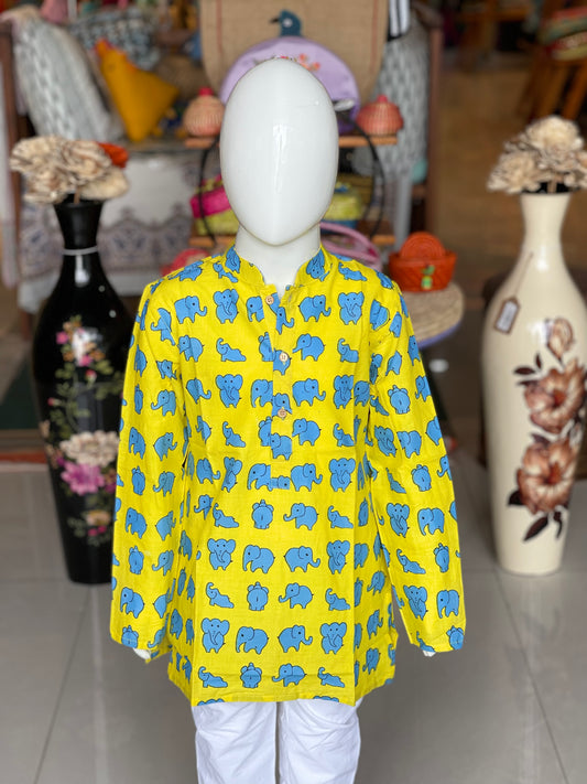 Yellow kurta for boys with blue elephants print