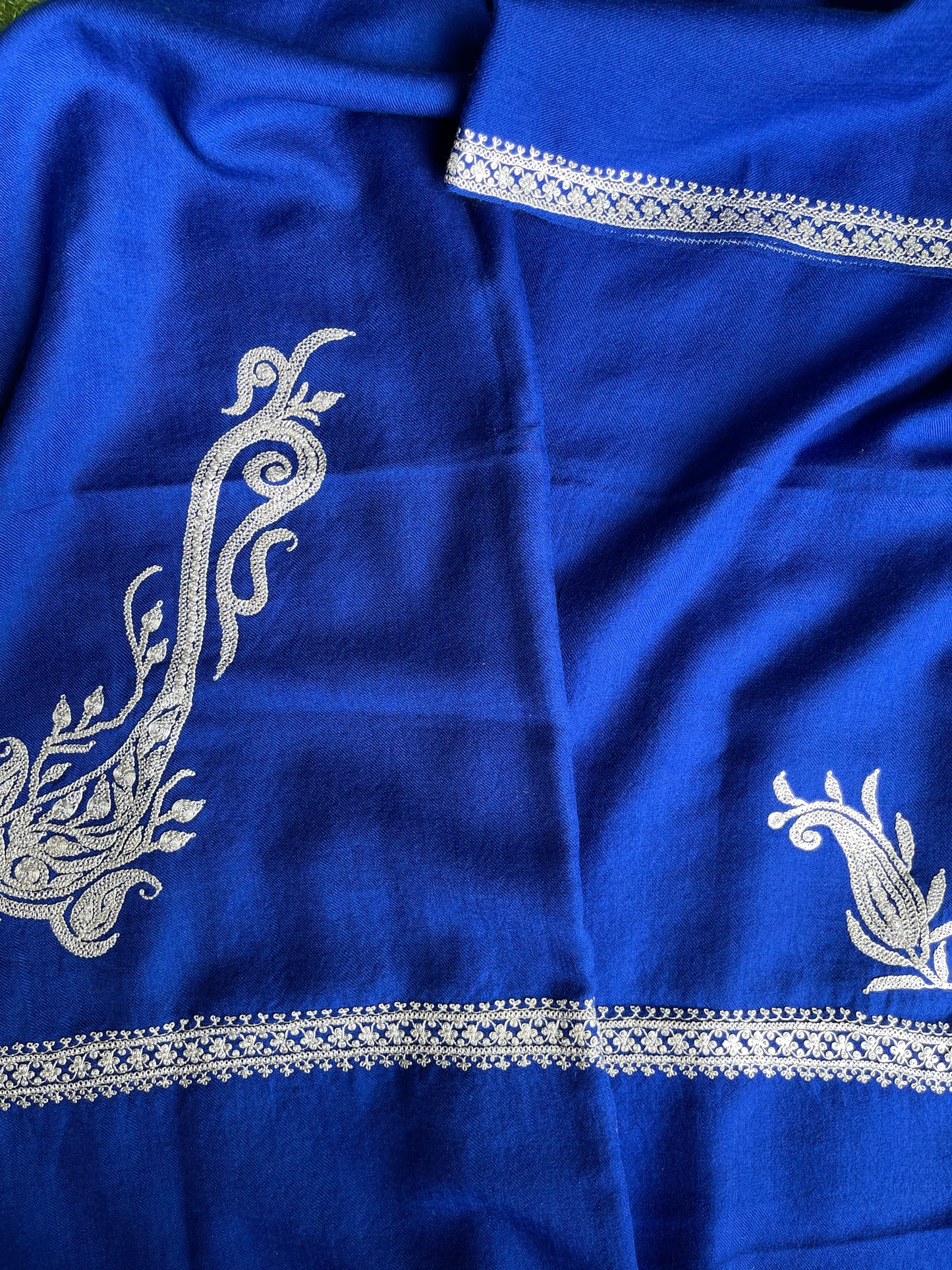 Royal blue Kashmiri Tilla hand embroidered Marino wool stole