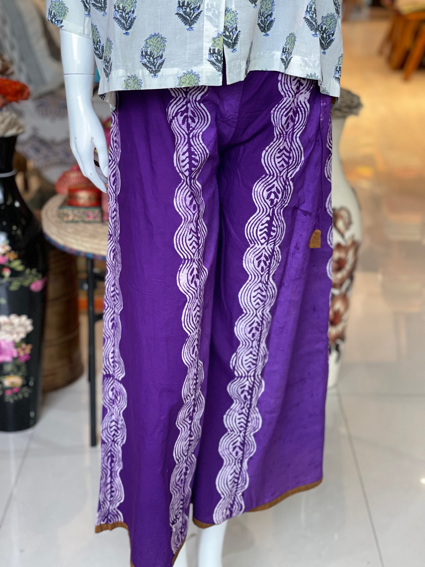 Climber design Violet hand block Batik cotton free size plazo with waist draw string