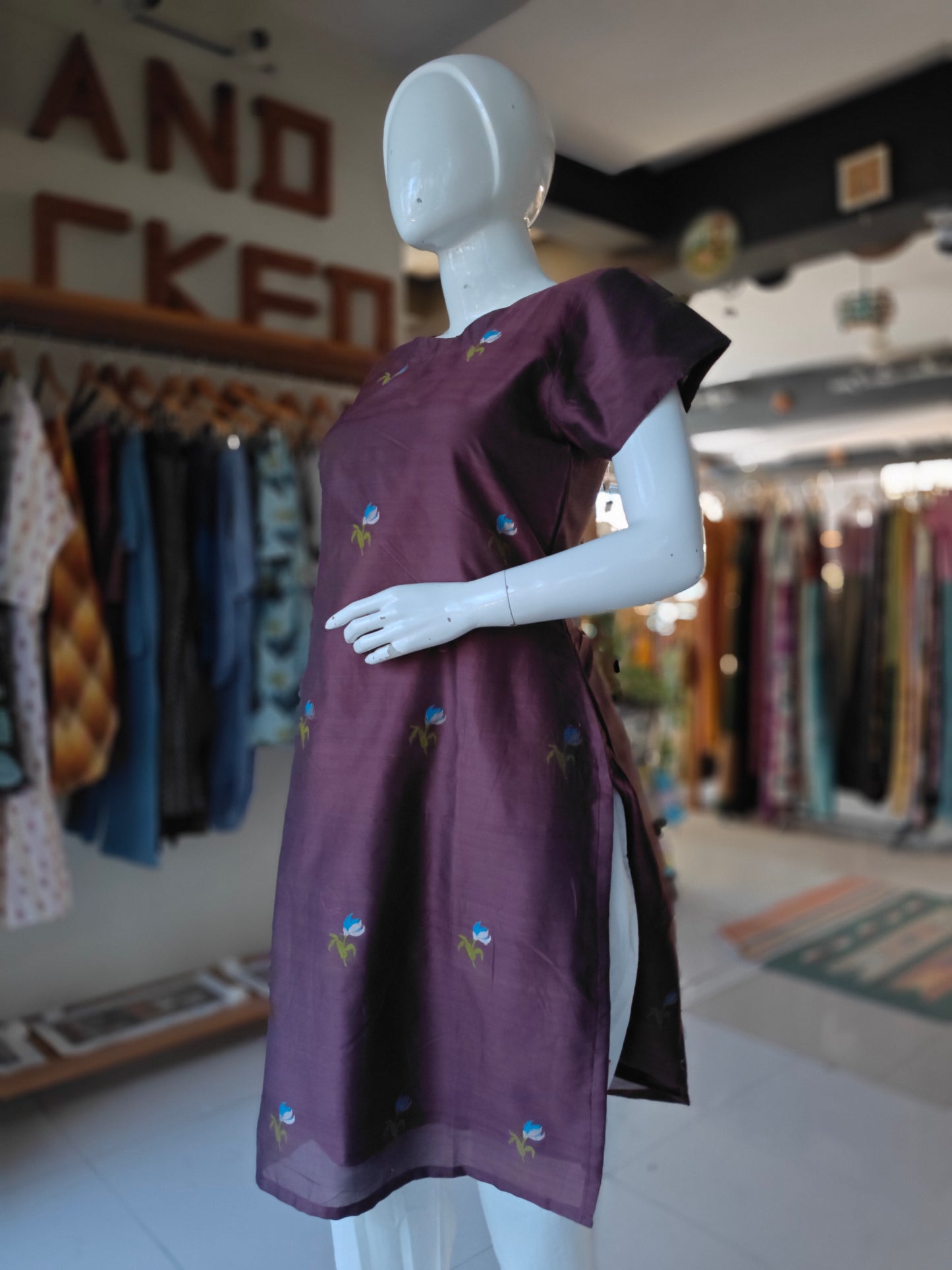 Wine handwoven pure silk straight kurti with meenakari flower butis
