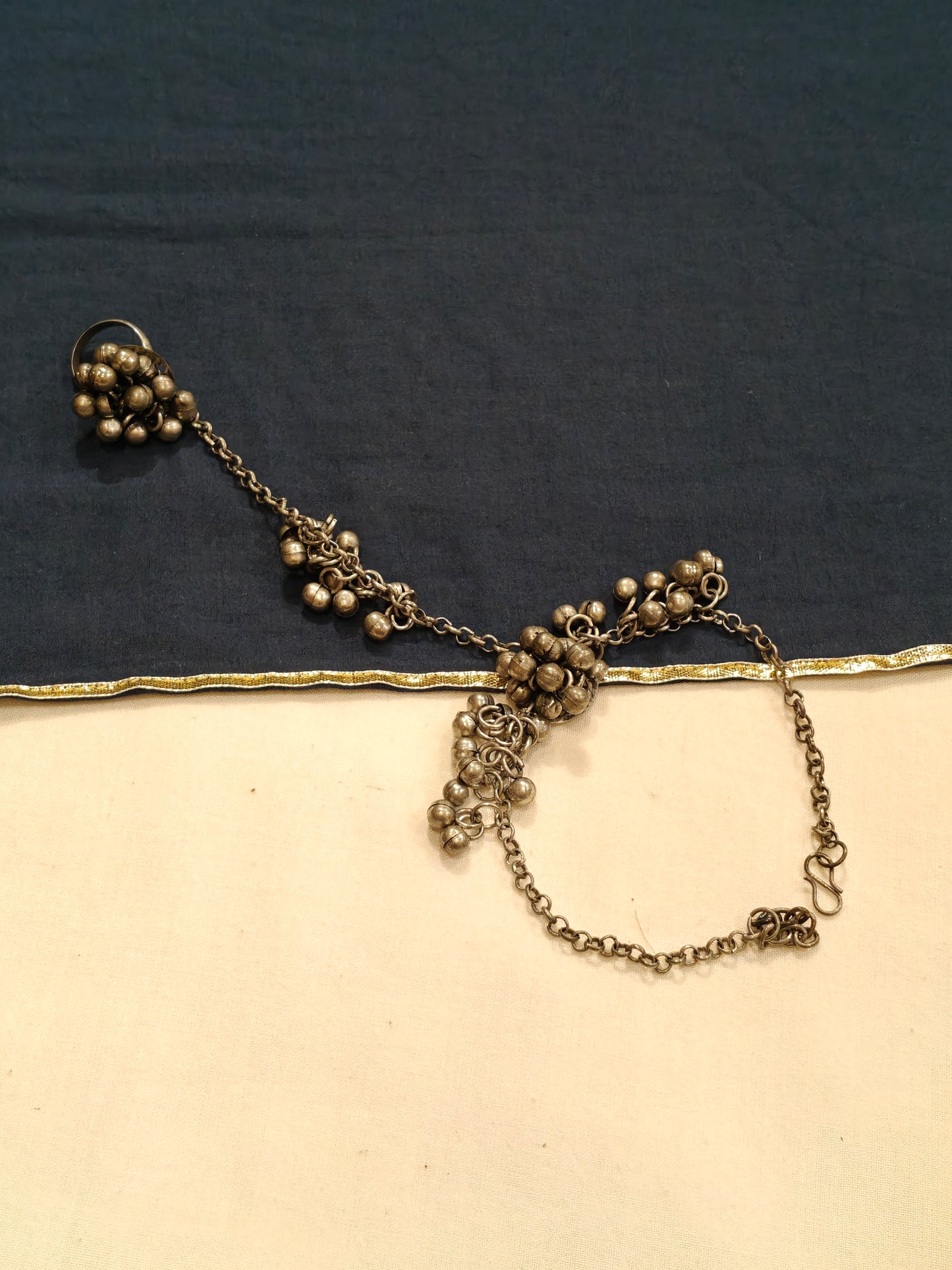 Silver oxidised look haathphool / hathpan / hand harness with ghungroos