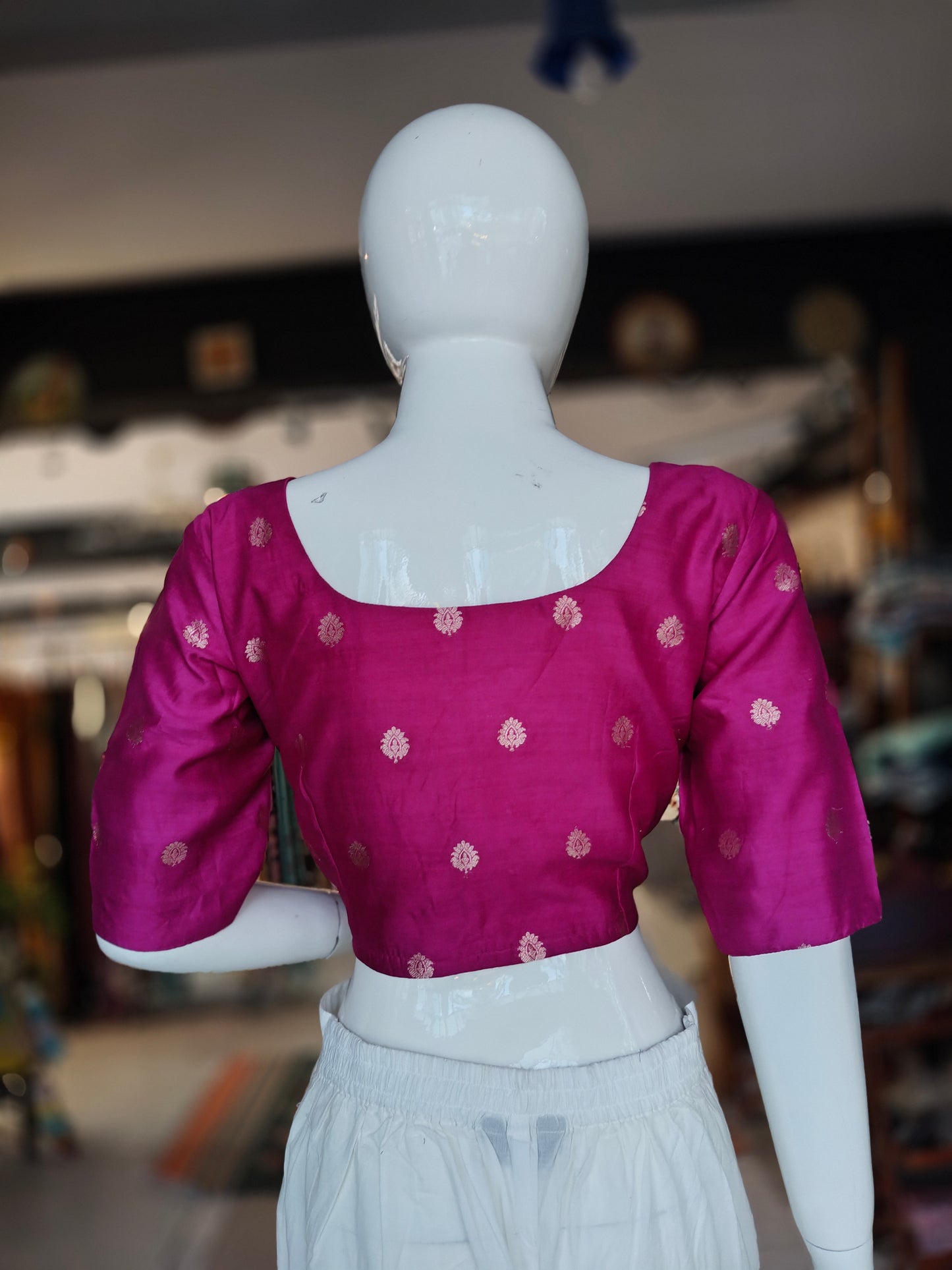 Hot pink with golden butis handwoven silk blouse
