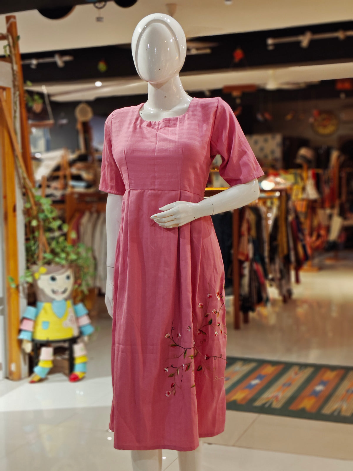 Pink stripes with floral embroidery plated satin cotton dress