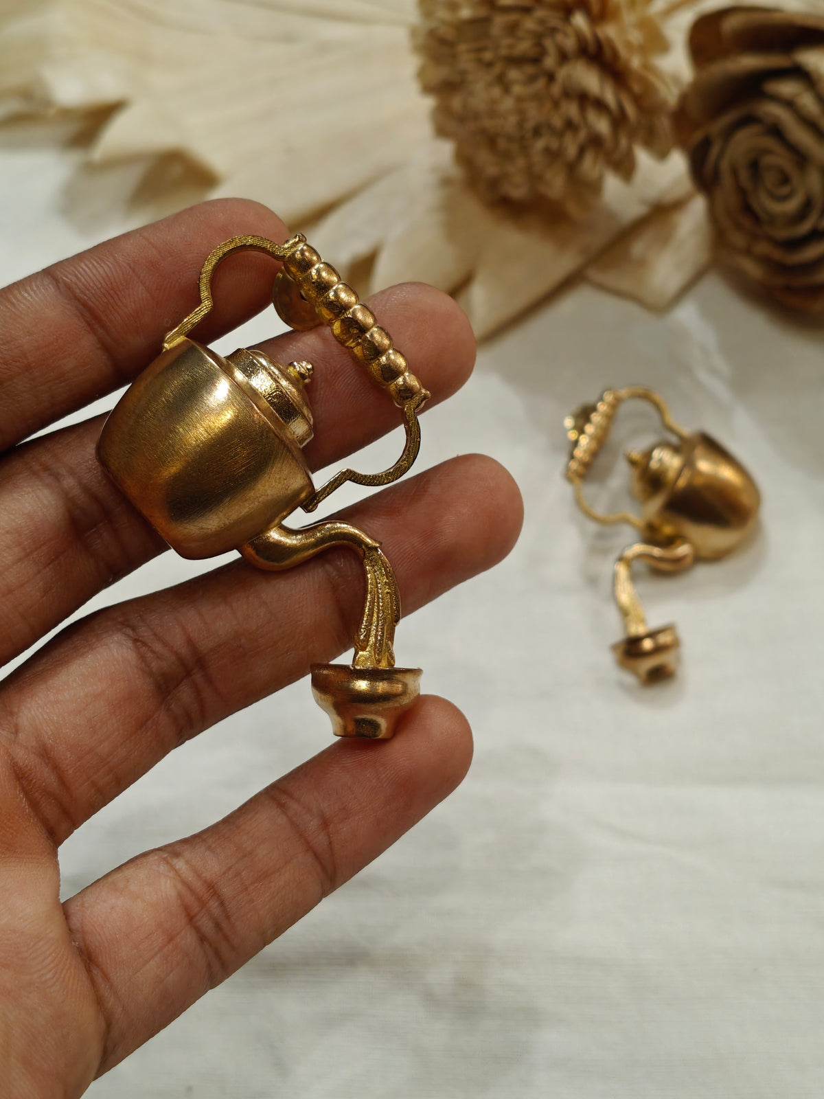 Kettle pouring tea design brass stud earrings