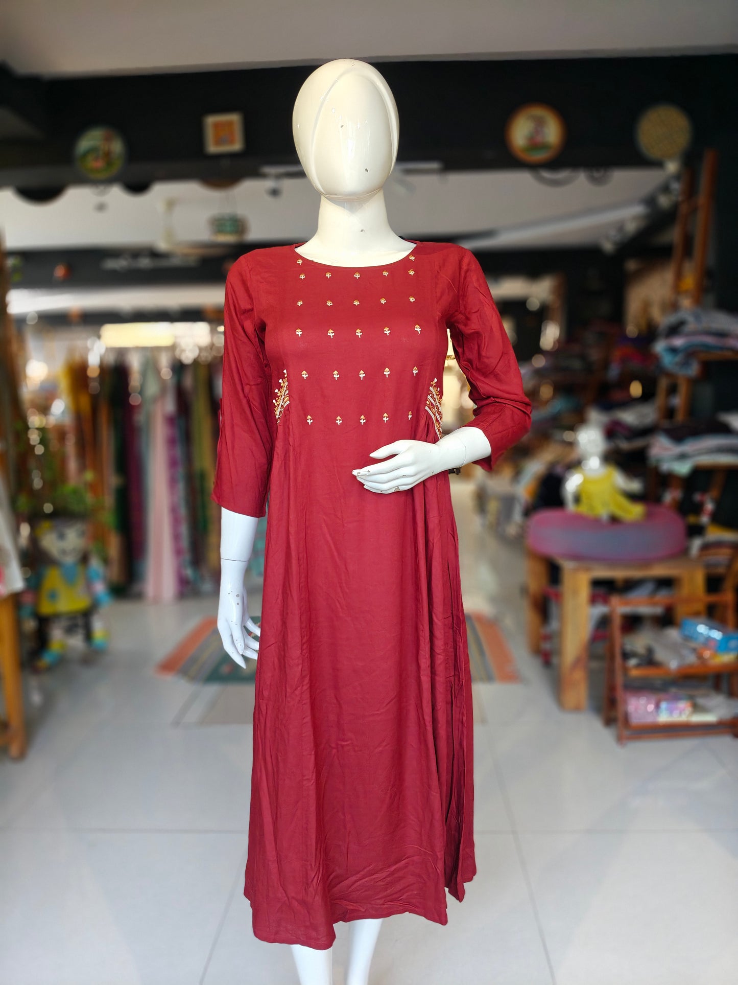 Maroon embroidered rayon side gathers dress