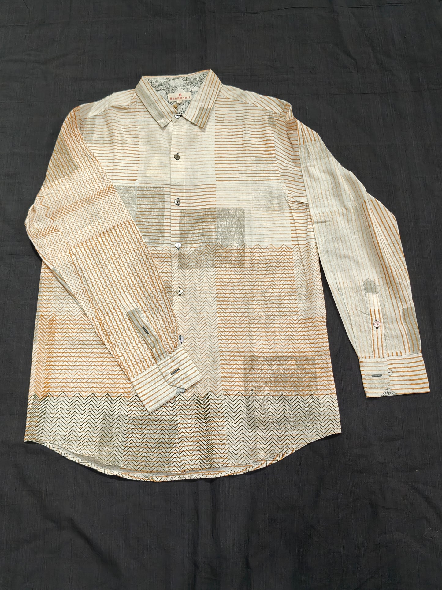 Mustard n grey designer hand block prints cotton shirt for men