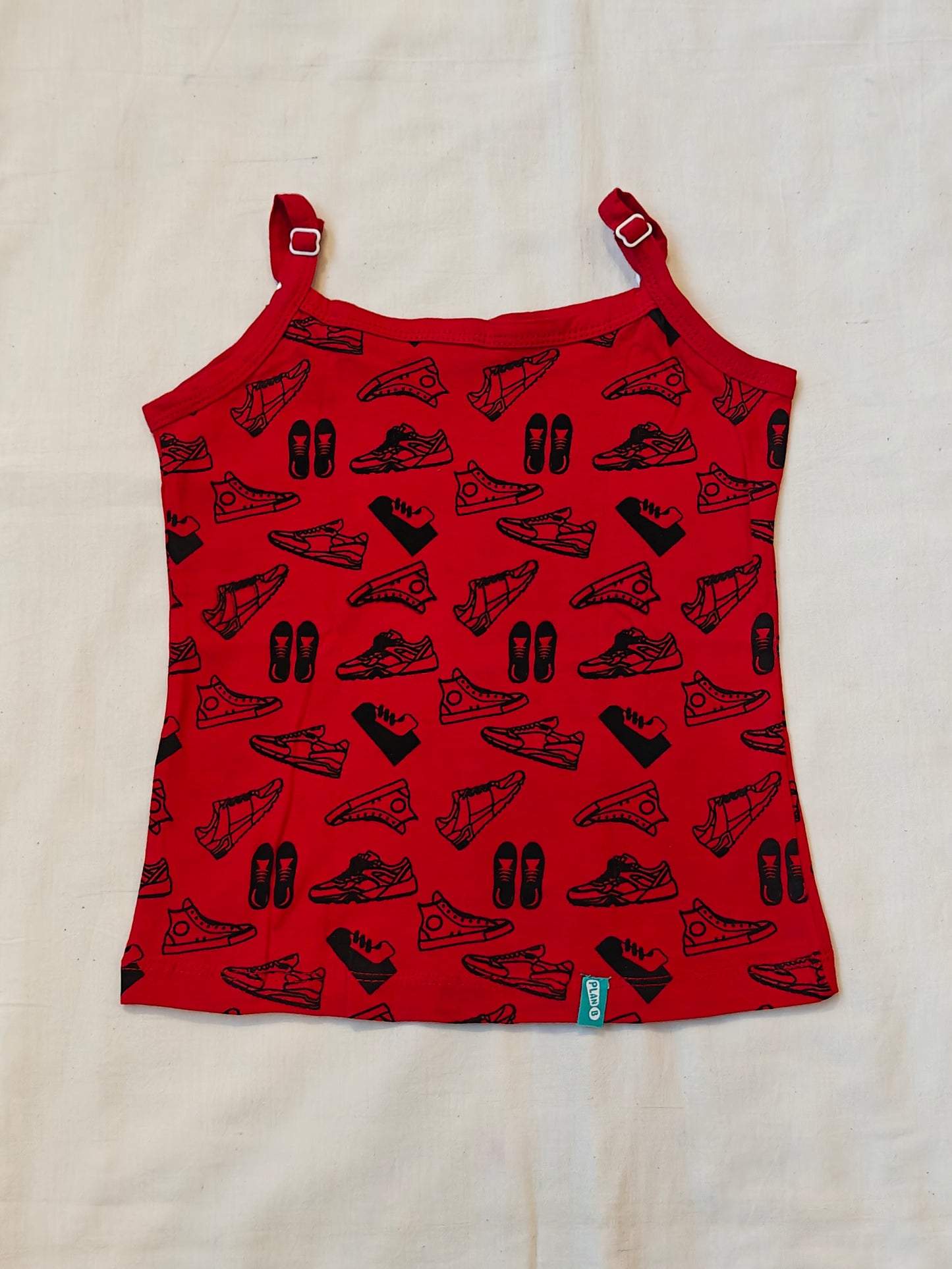 Red with black shoes printed cotton girl's slip top