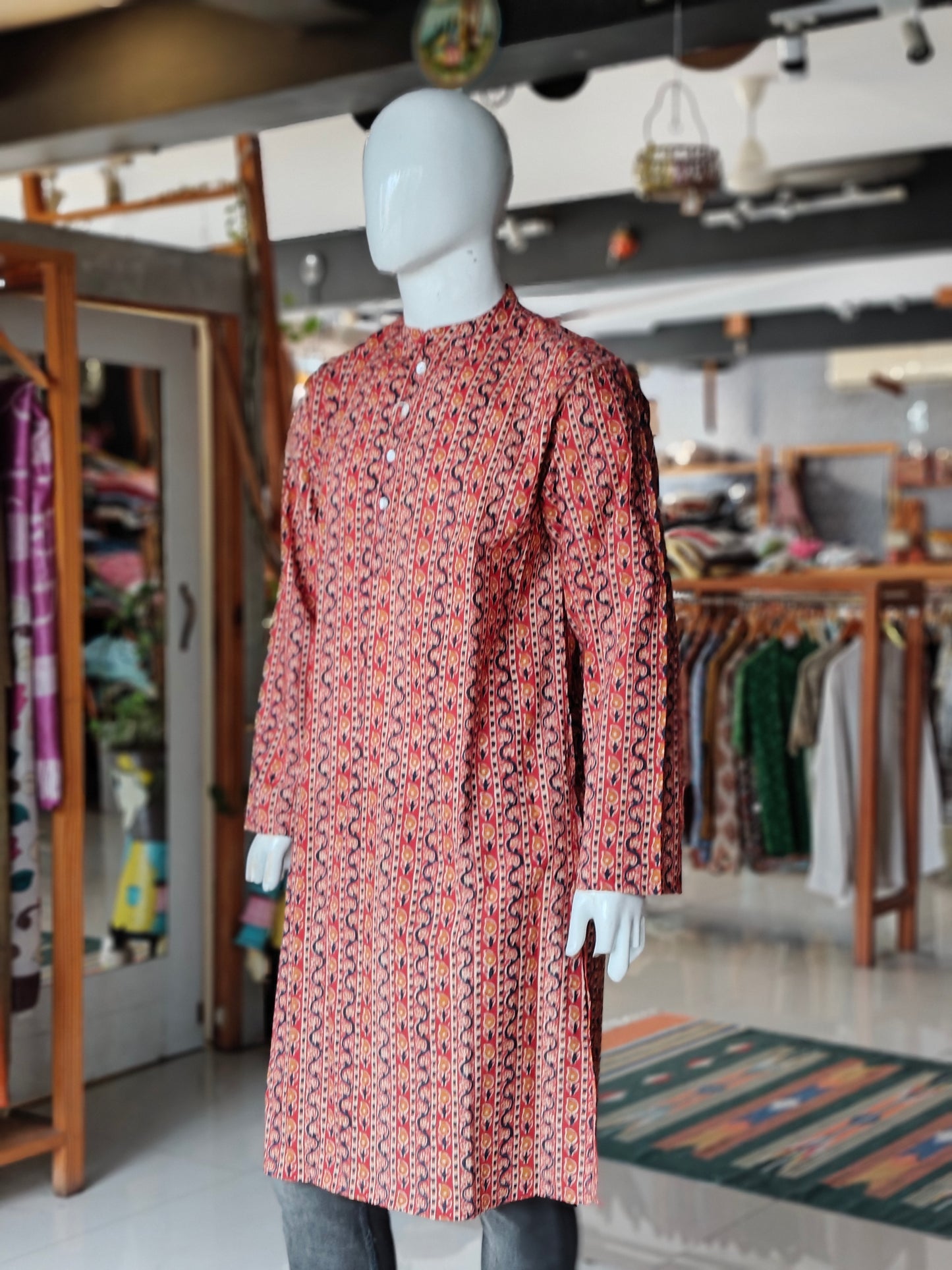 Maroon vines printed cotton full sleeves long kurta for men