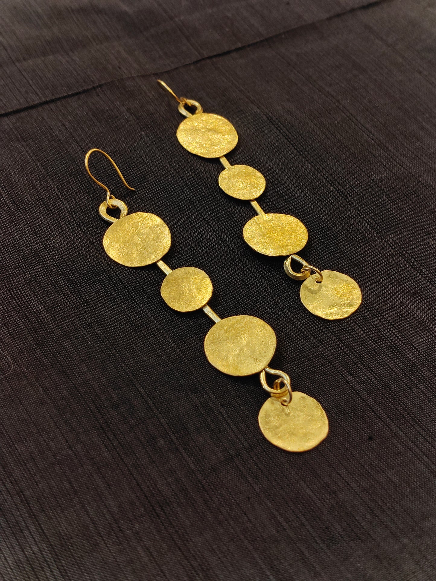 Cascading discs in brass handcrafted hook earrings