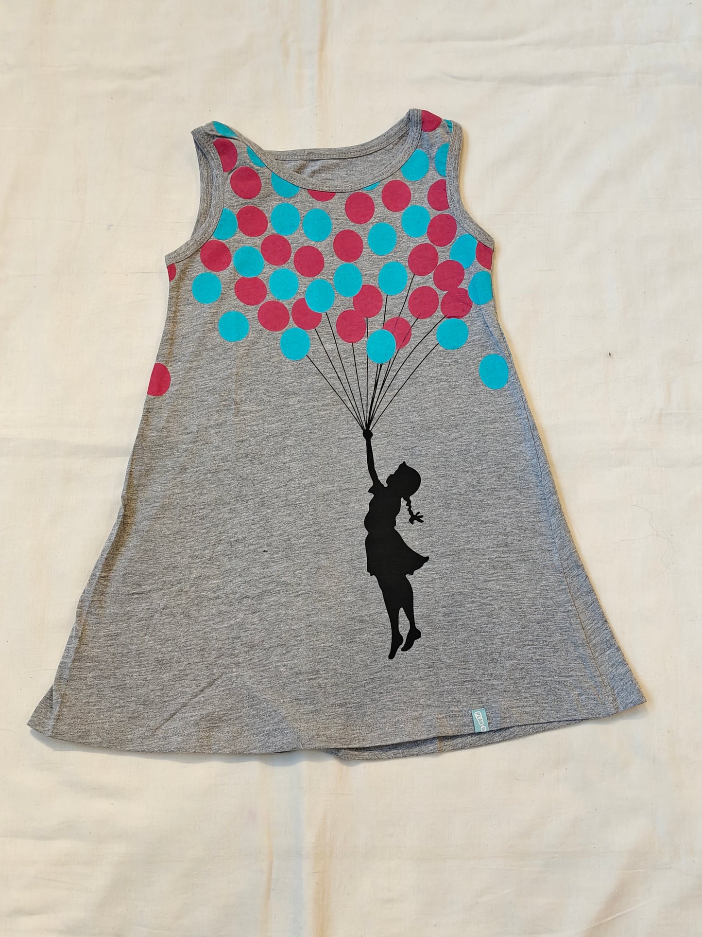 Grey A-line knit cotton dress with girl holding balloons print