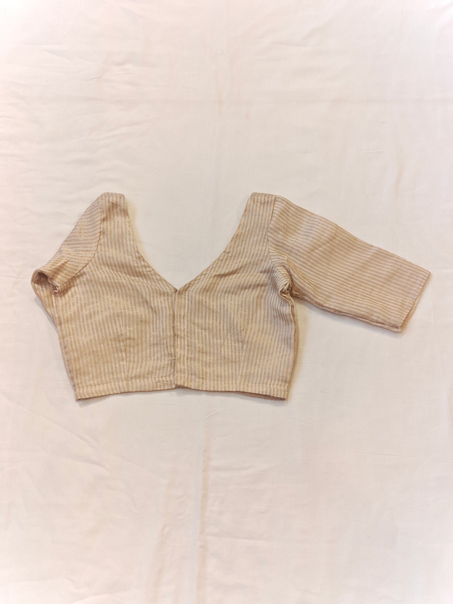 Gold and off white striped elbow sleeves V neck handloom silk tissue blouse