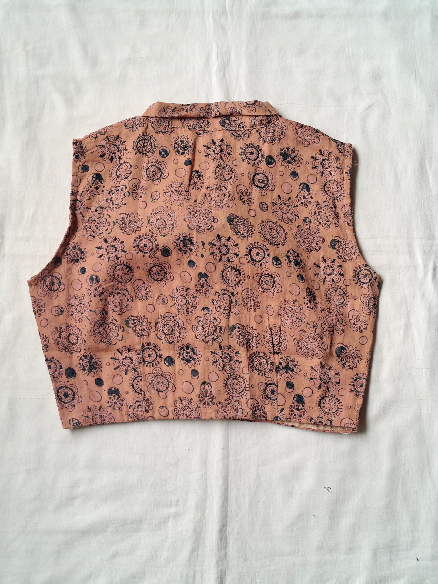 Beige flowers handblock printed sleeveless silk cotton blouse with cute collar and bow