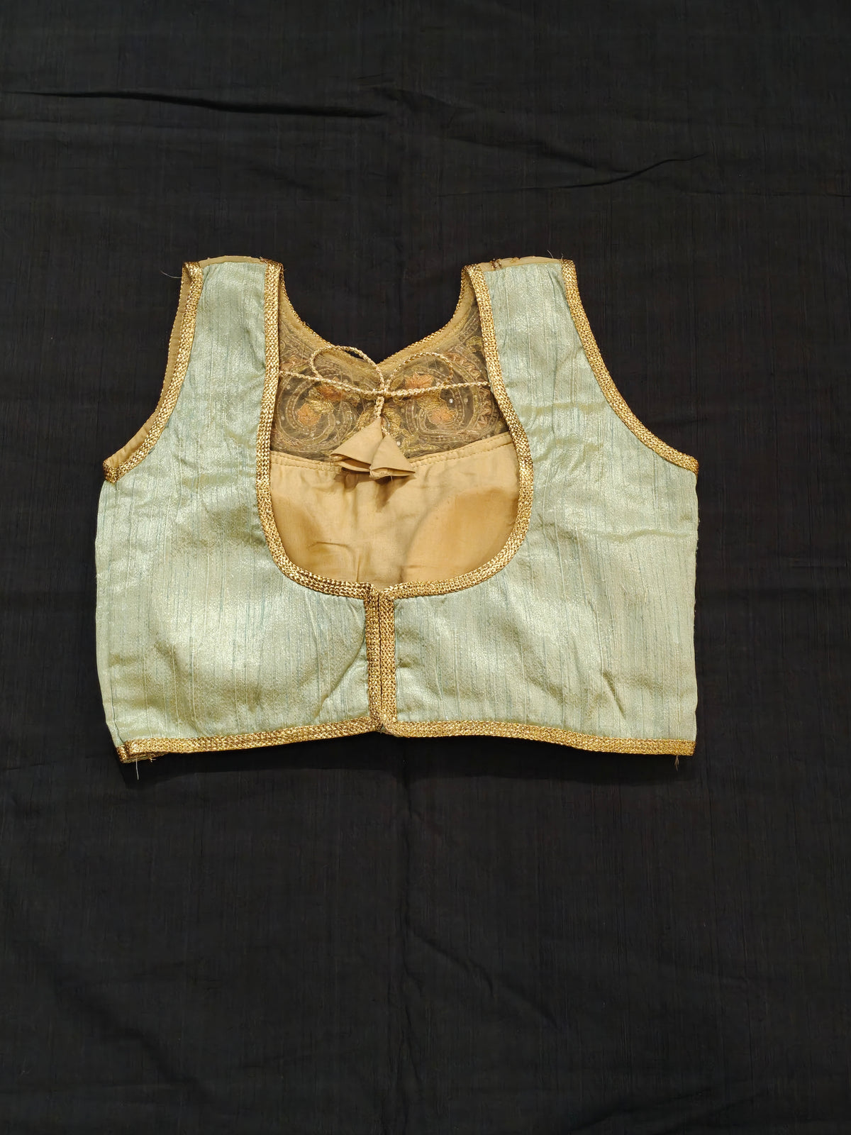 Pistachio and gold with net and bead embroidered neckline raw silk blouse - back open