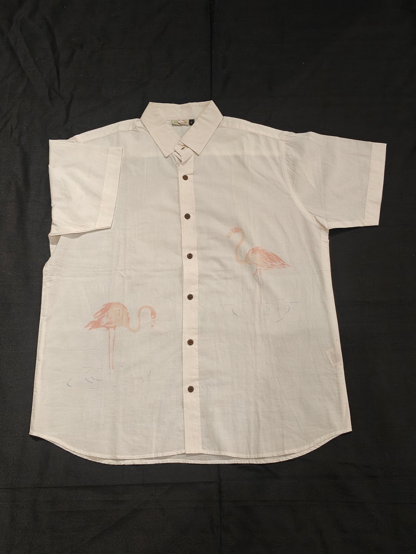 White with flamingo painted short sleeved cotton men's shirt