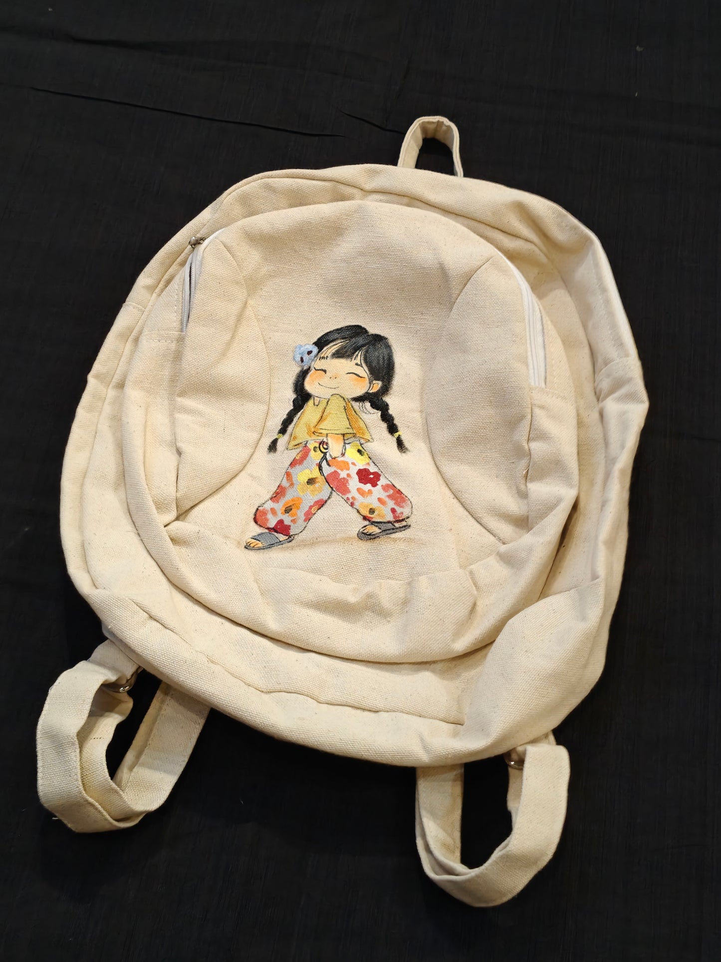 Little girl hand painted Off white canvas backpack with multiple compartments