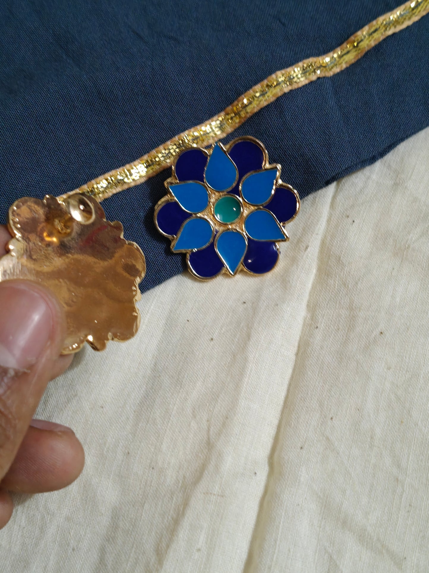 Blue green enamel flower studs earrings - handcrafted in copper - available in copper, silver n gold finish