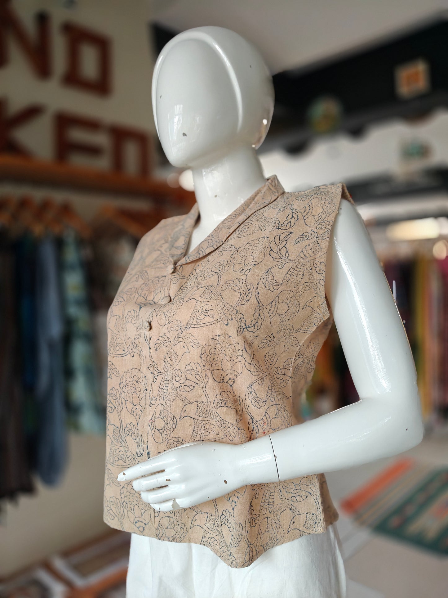Beige with indigo birds hand block printed collared sleeveless malkha handloom cotton top