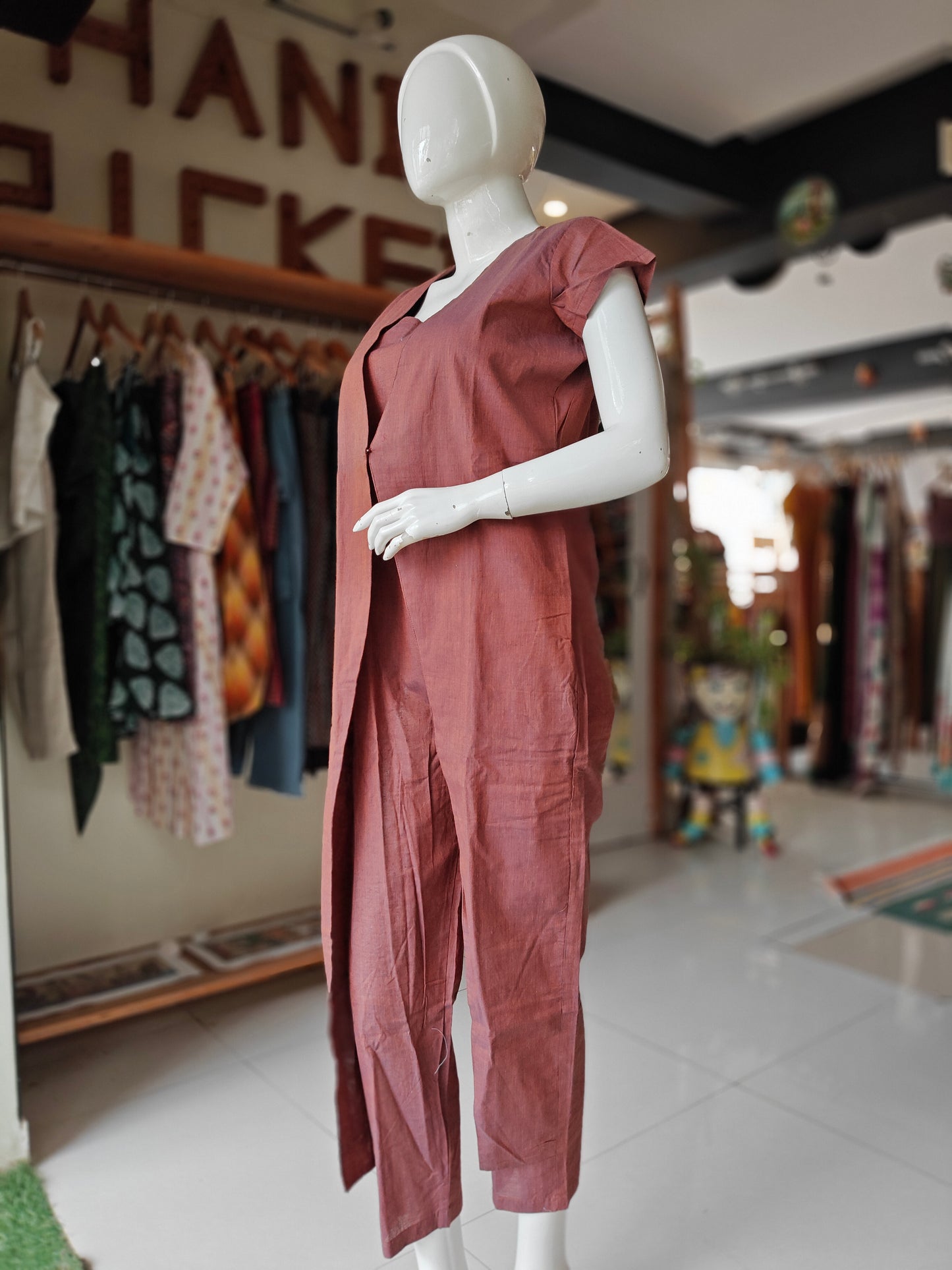 Brown handloom cotton jacket style jumpsuit