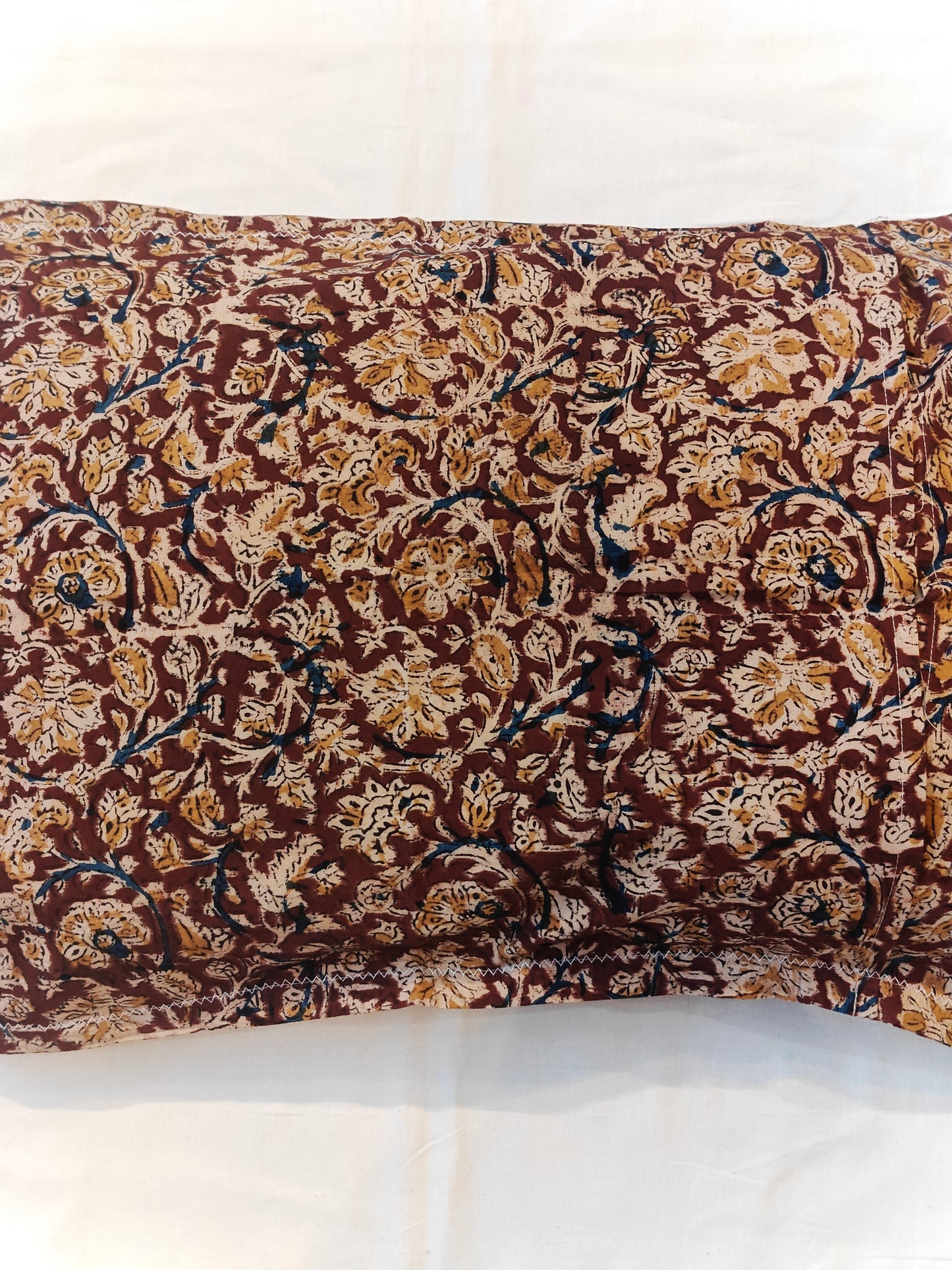 Brown beige floral Kalamkari hand block printed cotton pillow cover