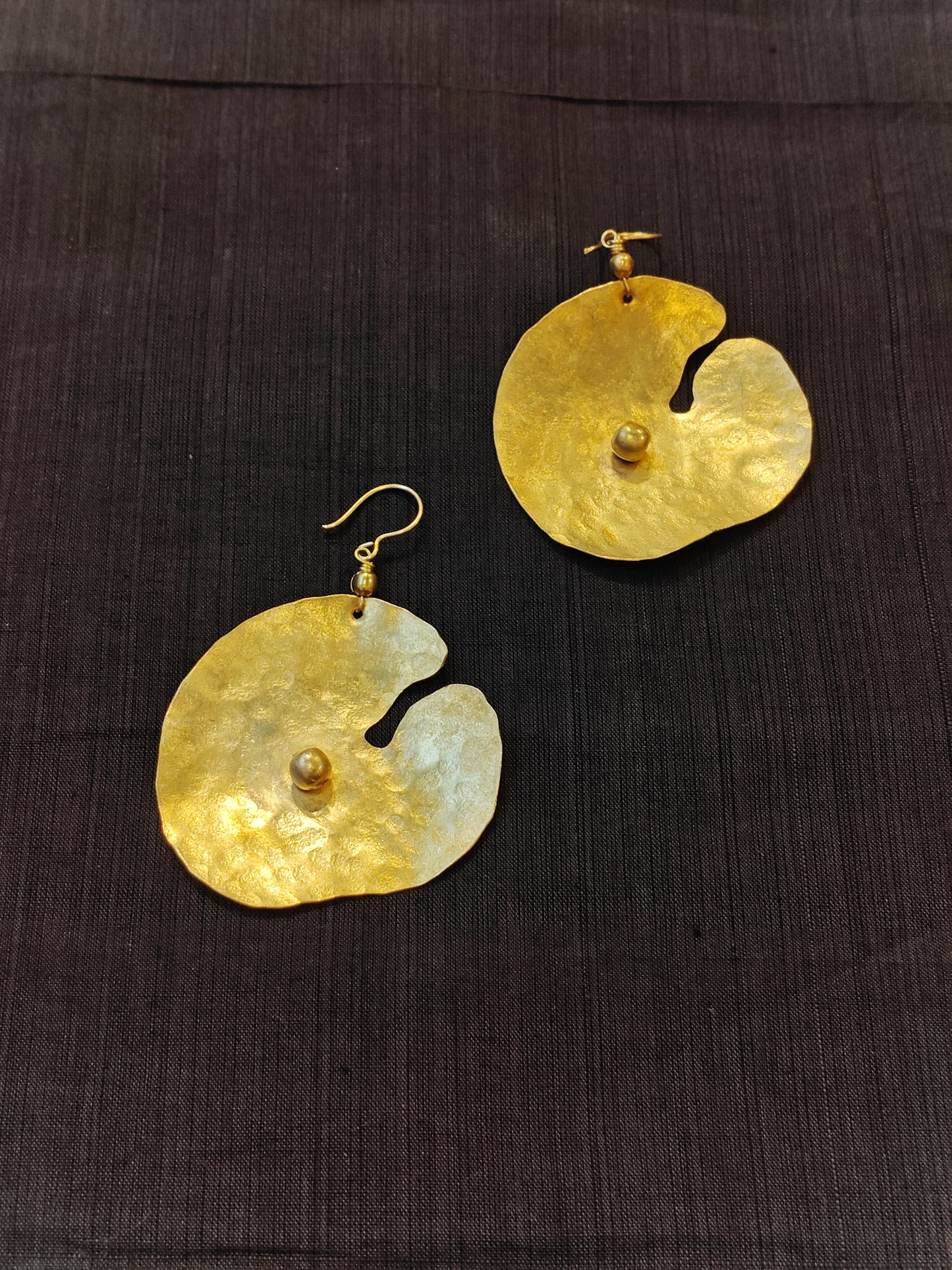 Brass handcrafted lily pad design with bead hooks earrings