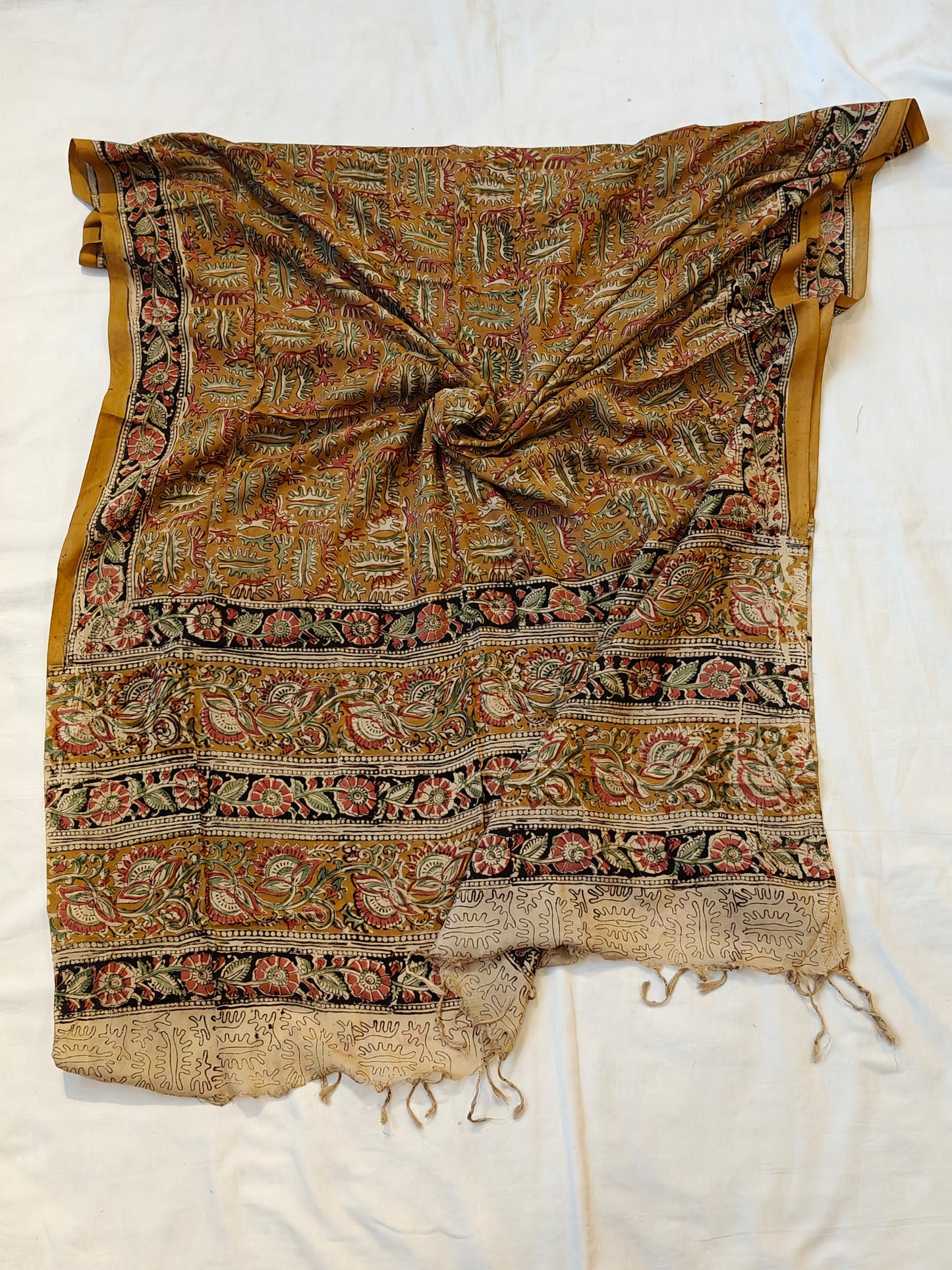 Mustard with leaves design Kalamkari handpainted on silk dupatta