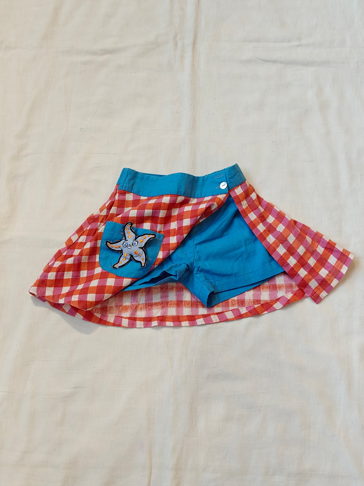 Pink n Red checkered skorts with star fish Appliq - handloom cotton