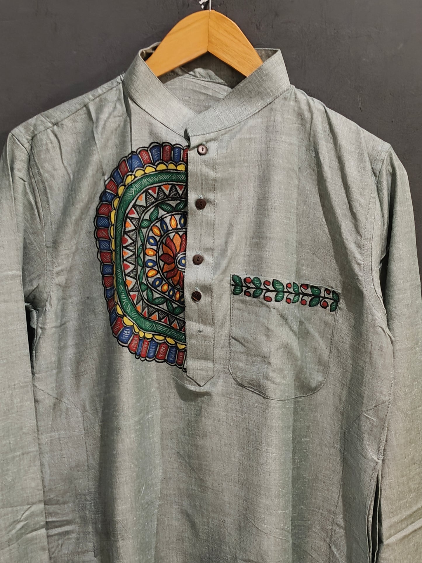 Laurel green Madhubani hand painted cotton kurta for men