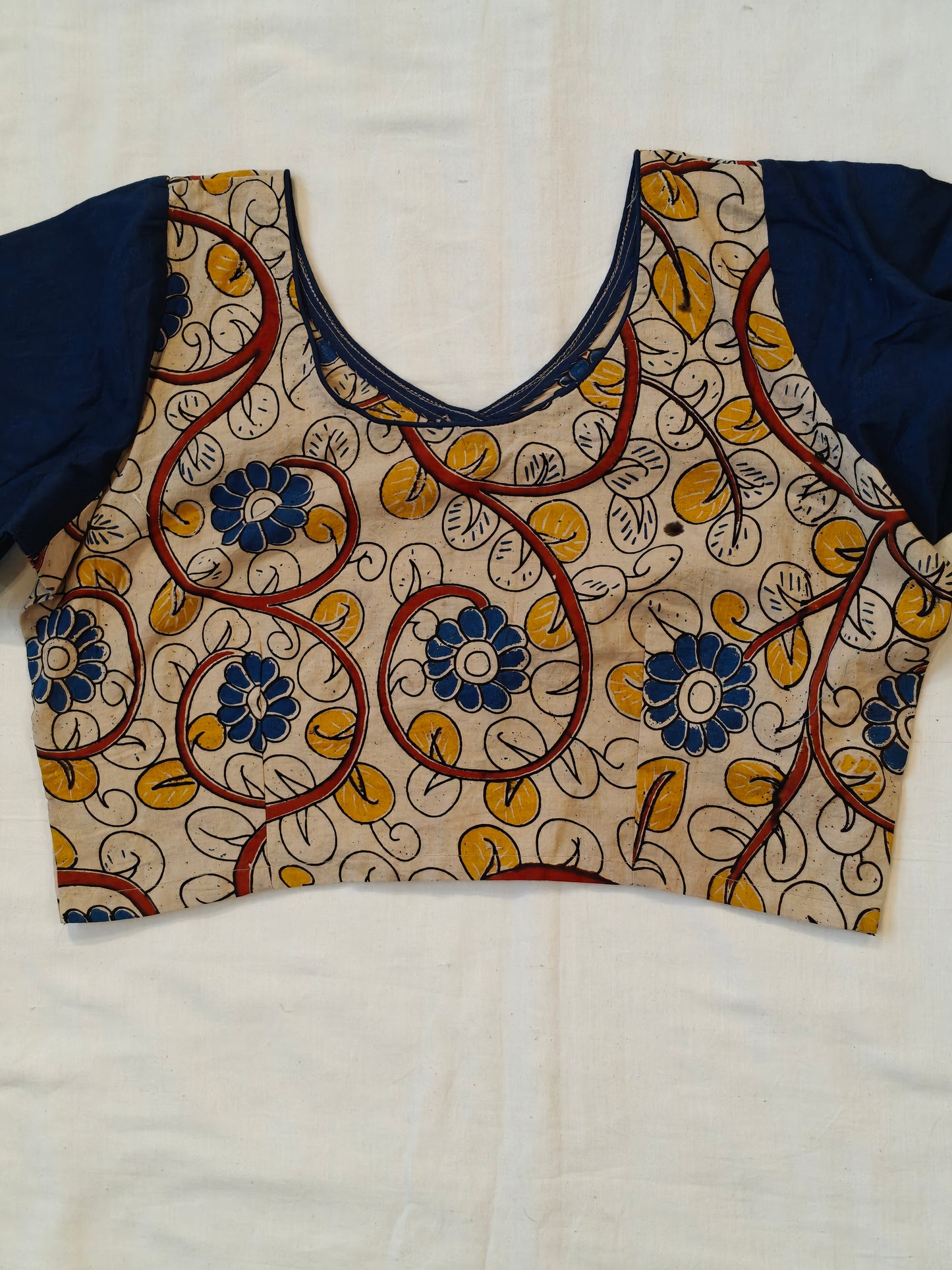 Beige Kalamkari cotton with plain blue sleeves blouse