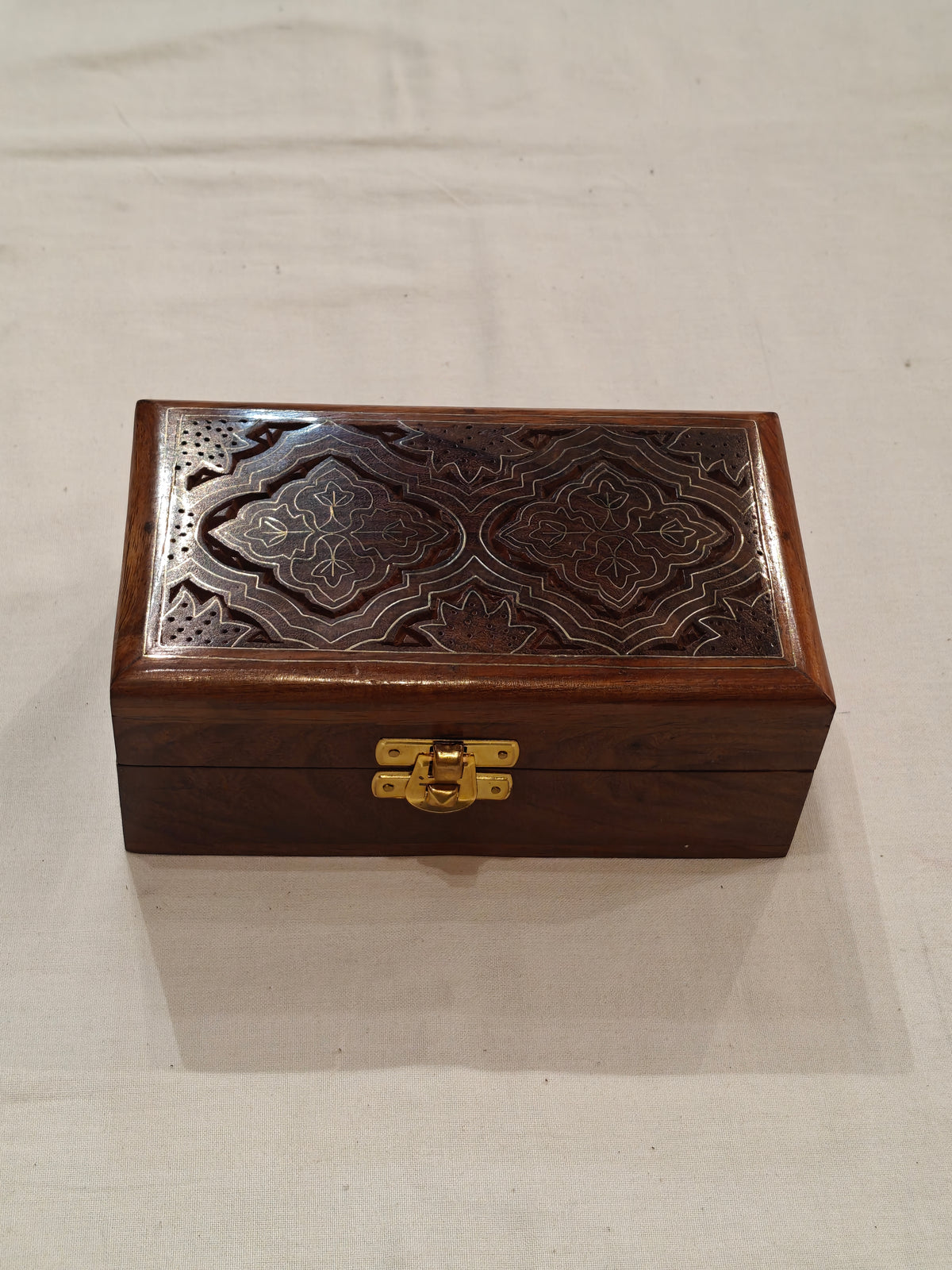 Brass inlay work wooden jewellery box - 6 × 3.5 × 2.5 Inches
