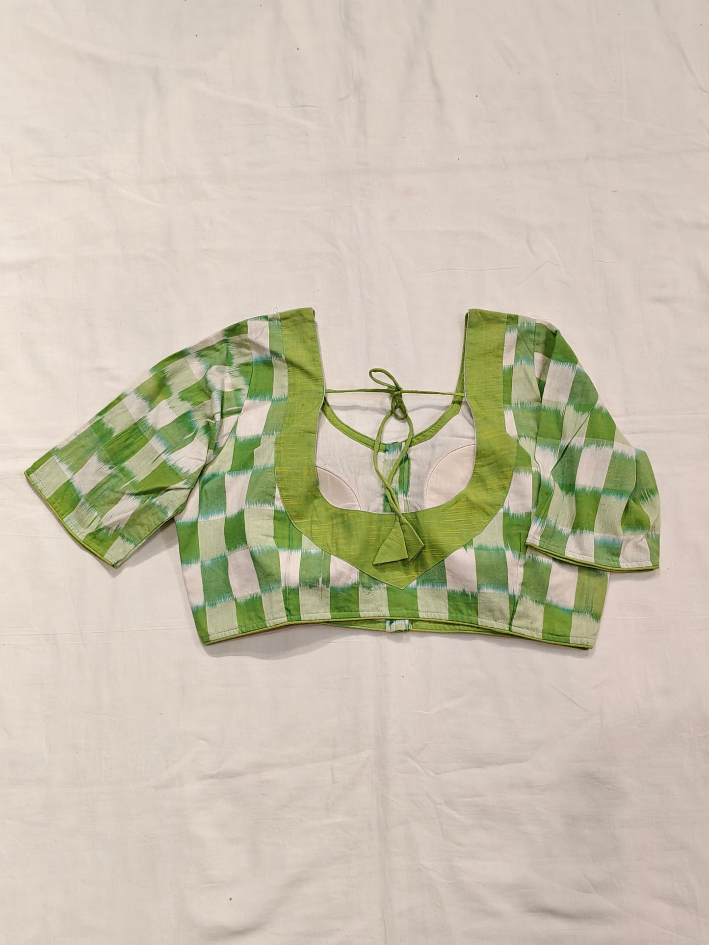 Green and white checkered ikat cotton padded, deep neck blouse