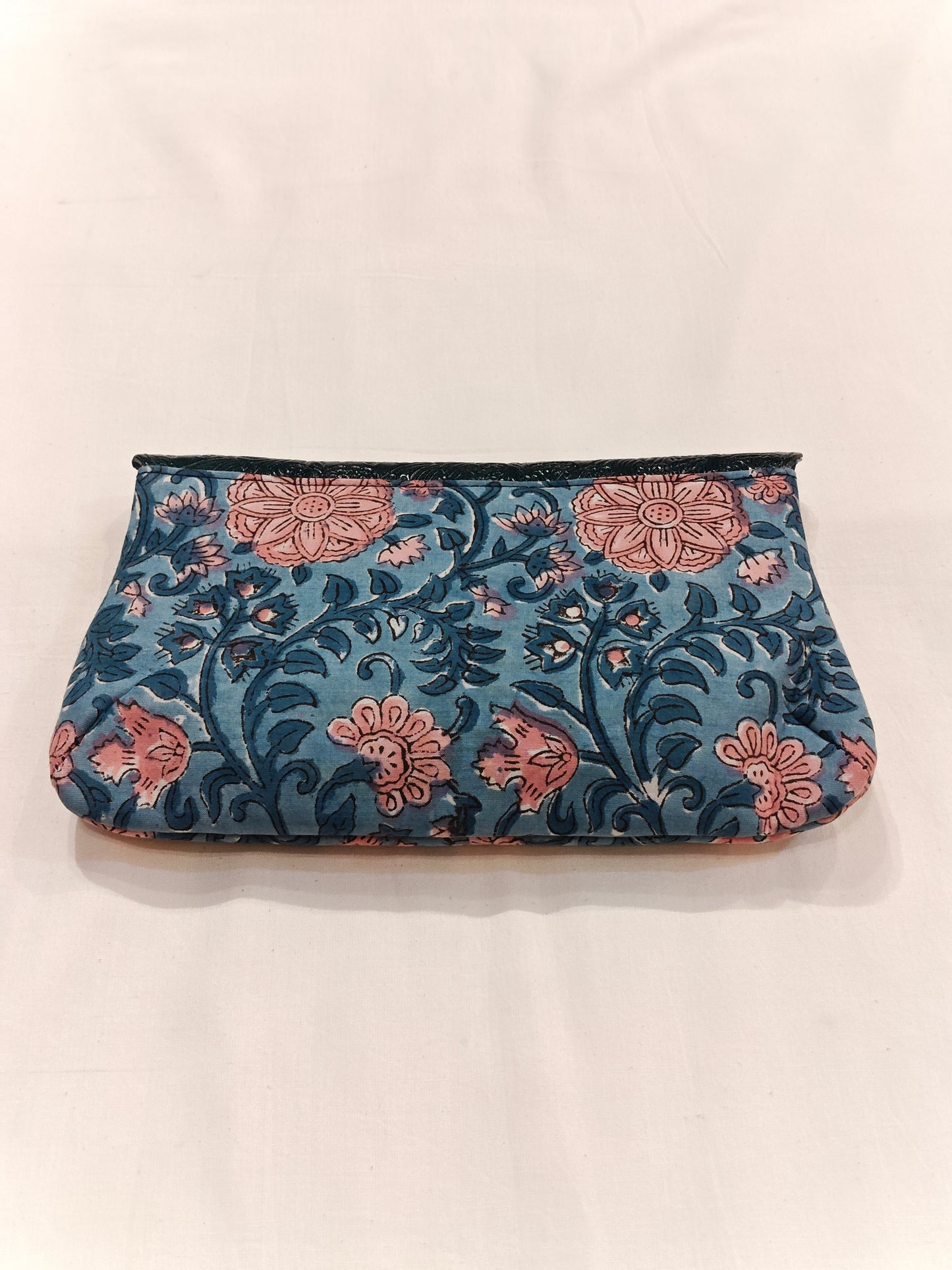 Leather hand embossed flap purse with hand block printed fabric base