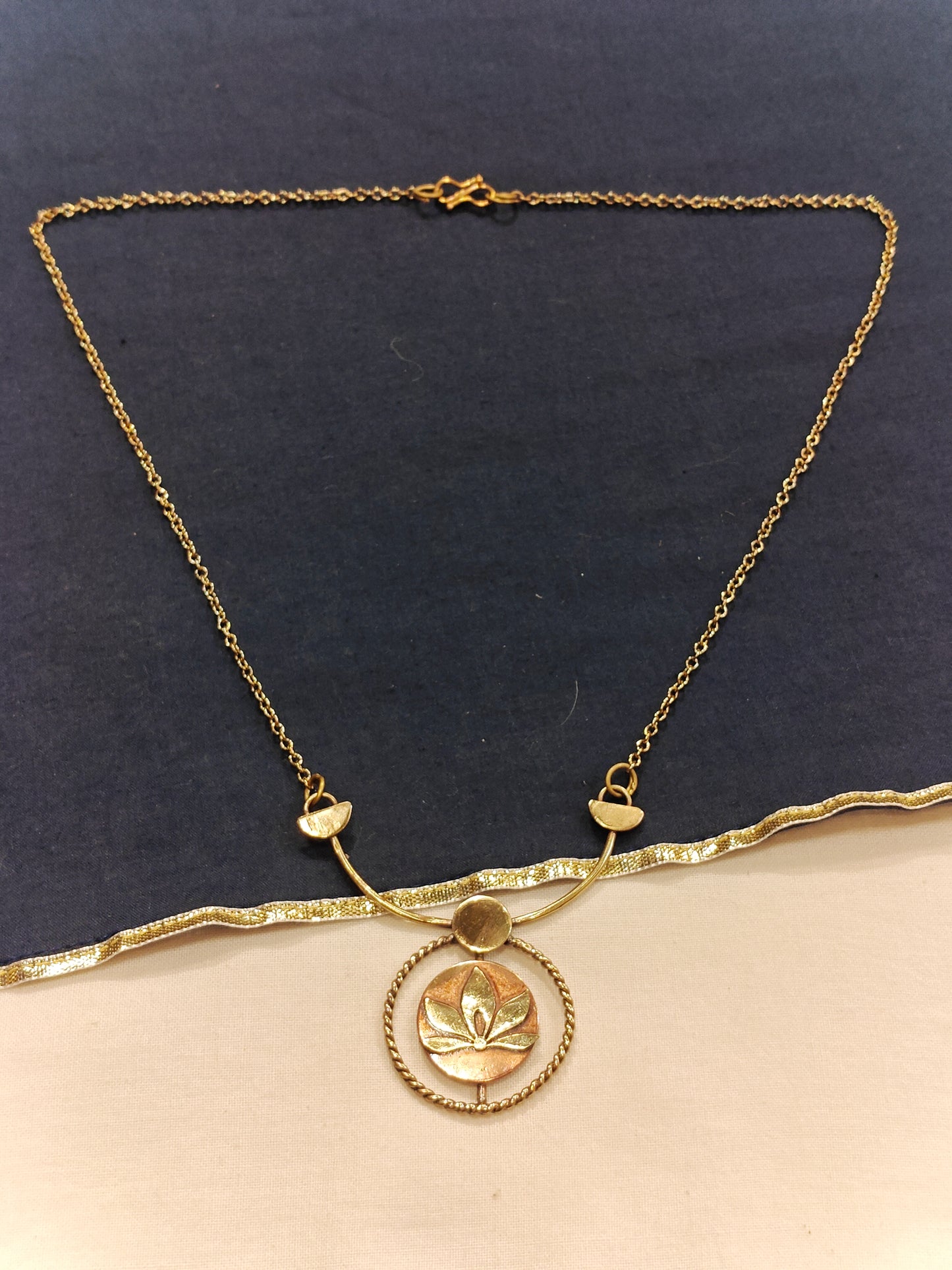 Lotus design pendant chain neckpiece handcrafted in copper and brass
