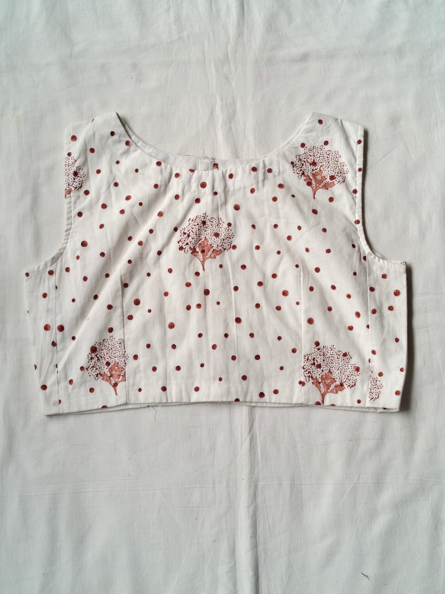 White with brown polka dots handblock printed cotton blouse