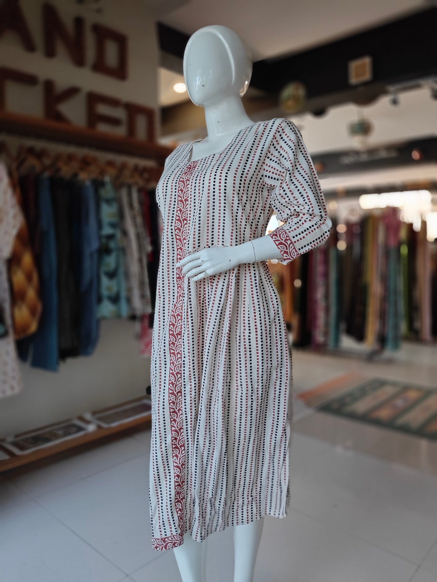 White cotton dress with hand block black and brown dotted prints