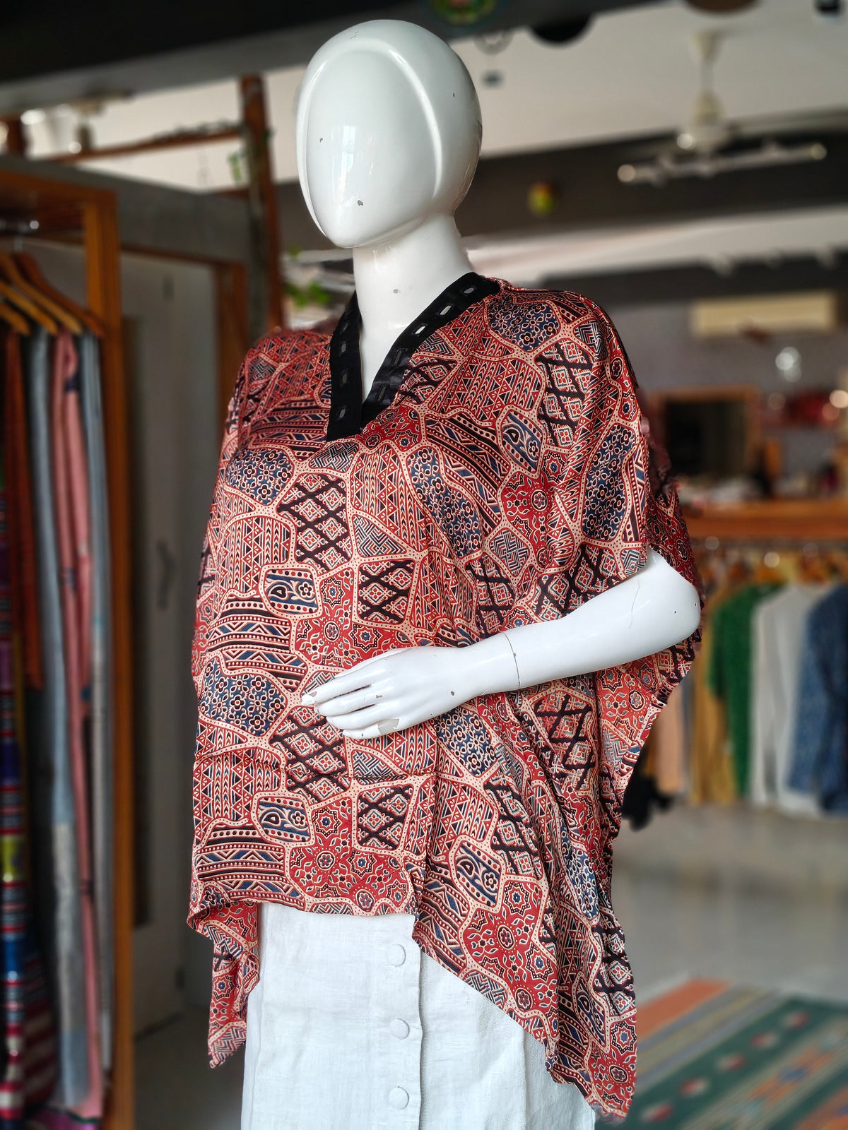 Modal silk kaftan hand block printed top featuring V-neck with mirror embroidery - color options available
