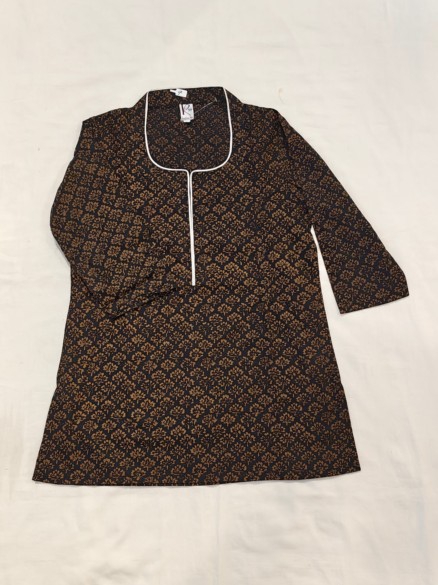 Black and brown printed cotton top with white piping