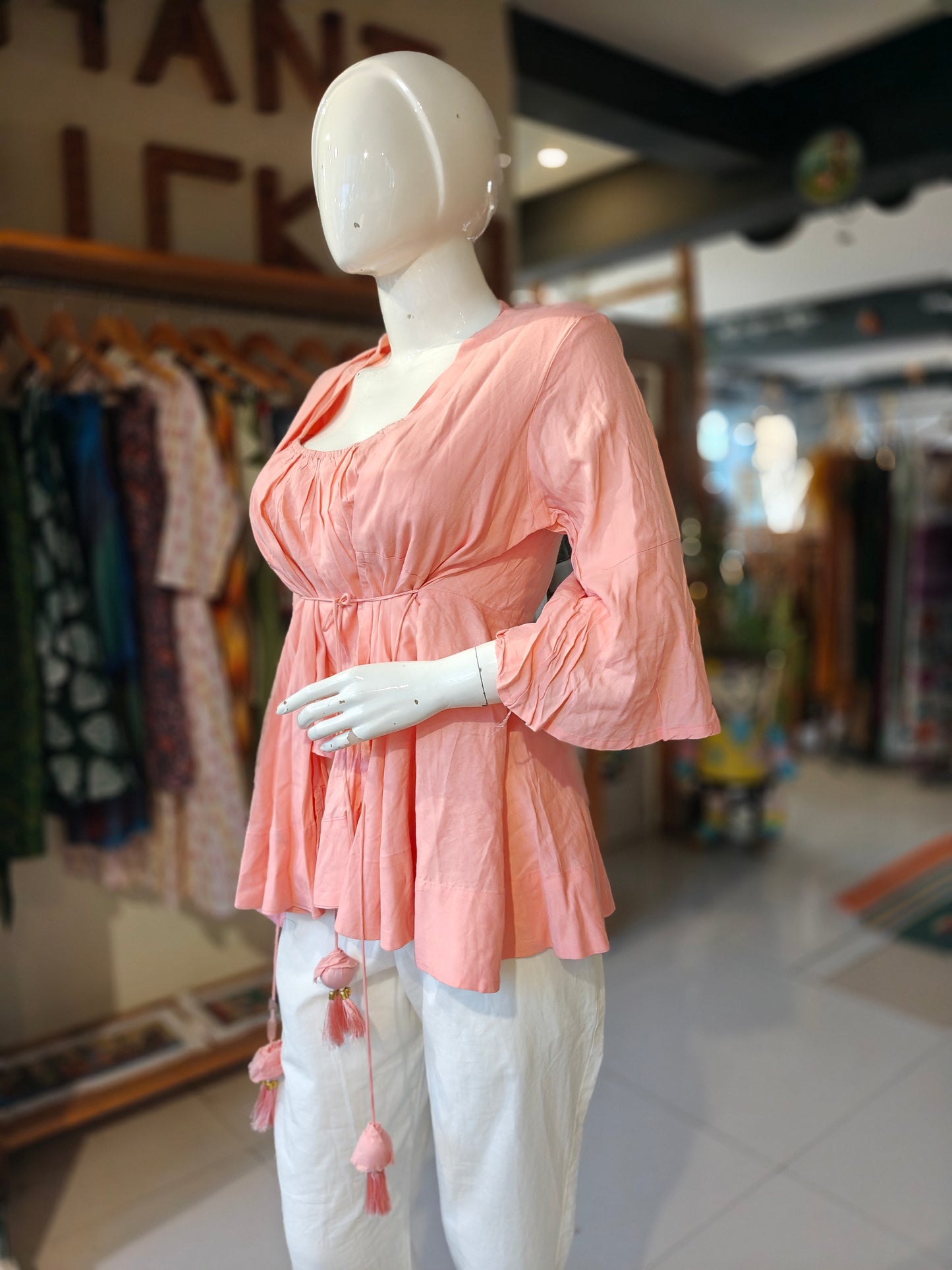 Peach rayon sleeveless elastic neckline crop top with tie up front jacket - 2 piece set