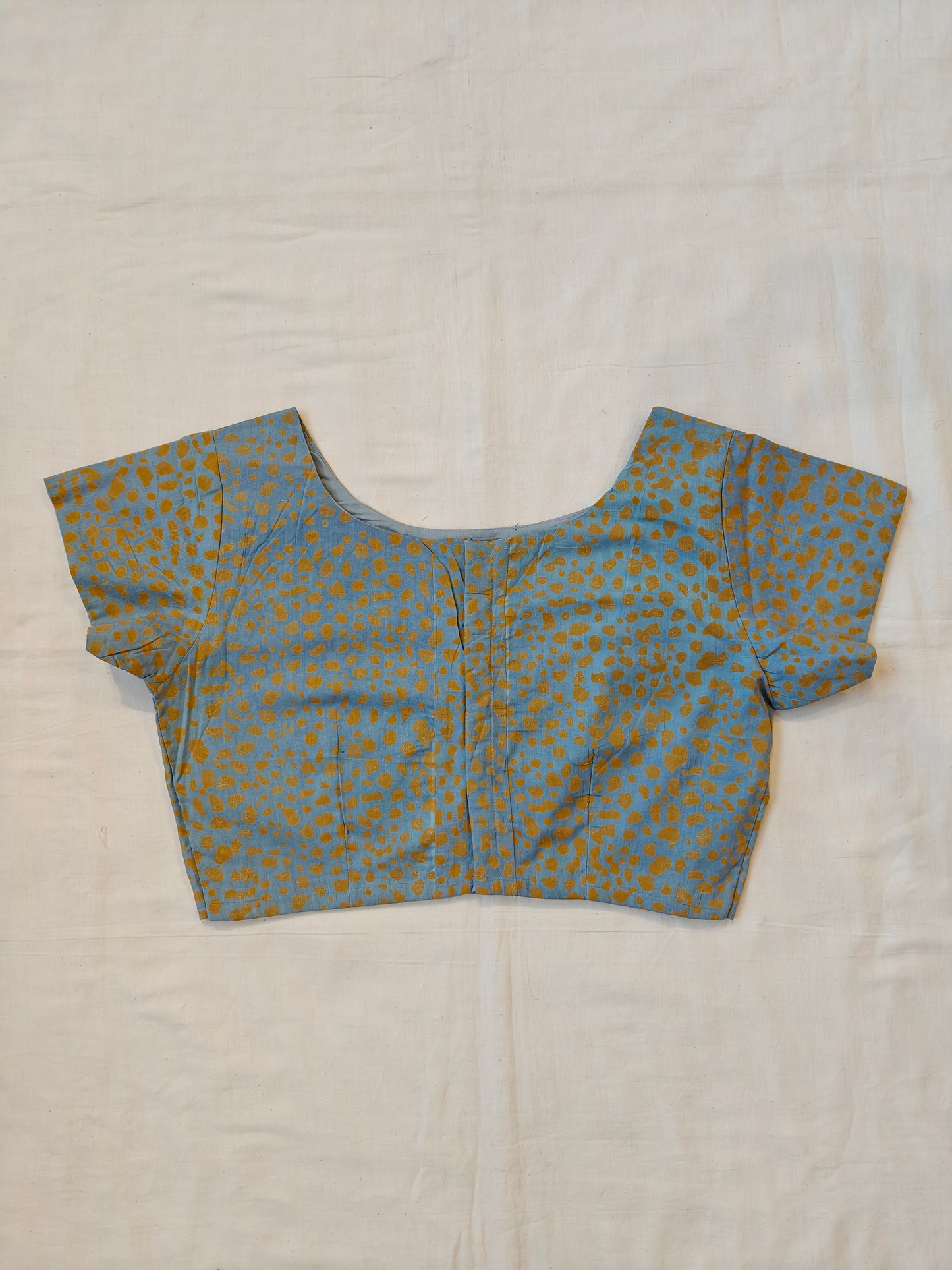 Pastel blue with yellow hand block prints cotton short sleeves blouse