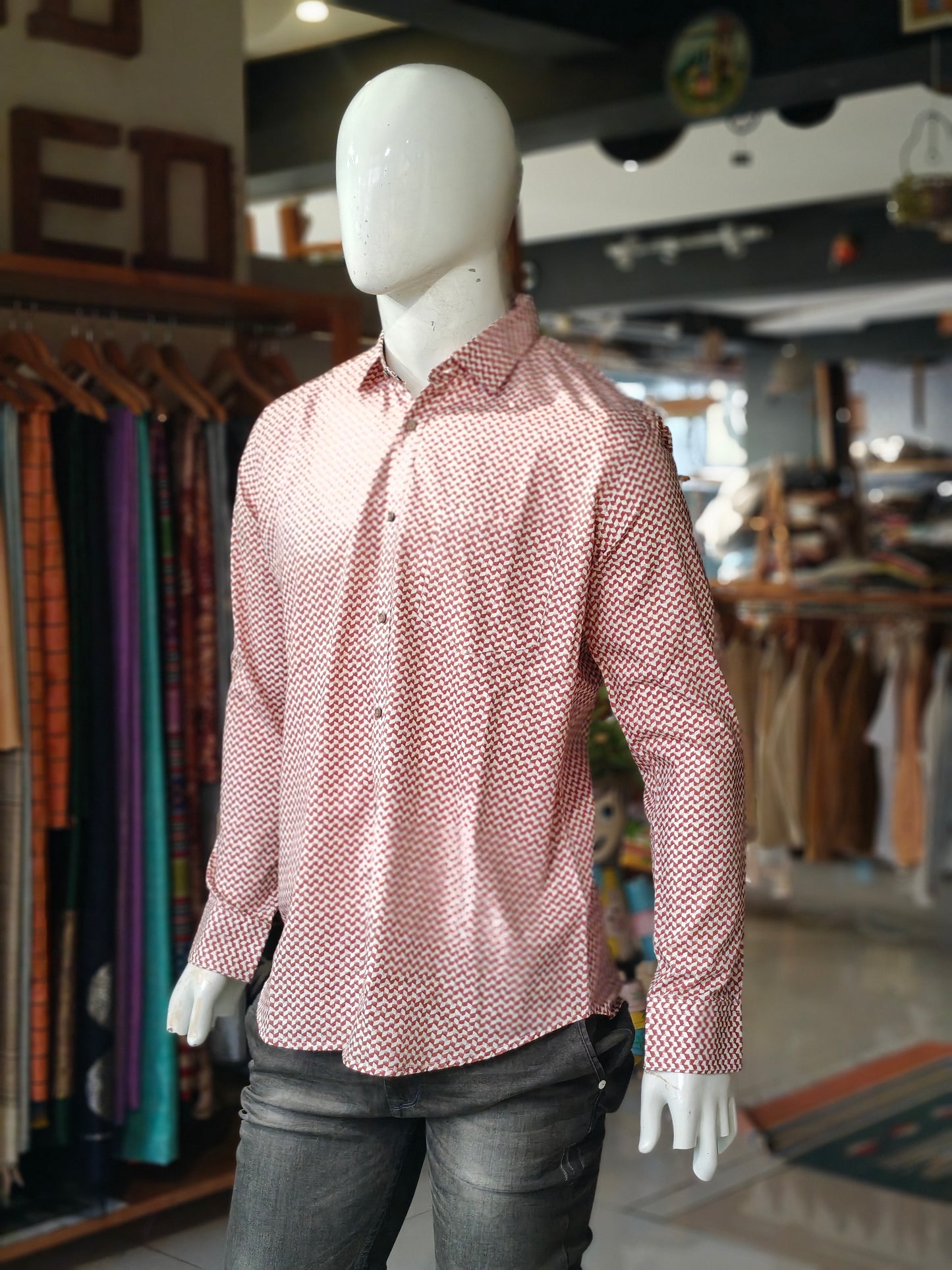 Red n white geometric patterned cotton shirt for men