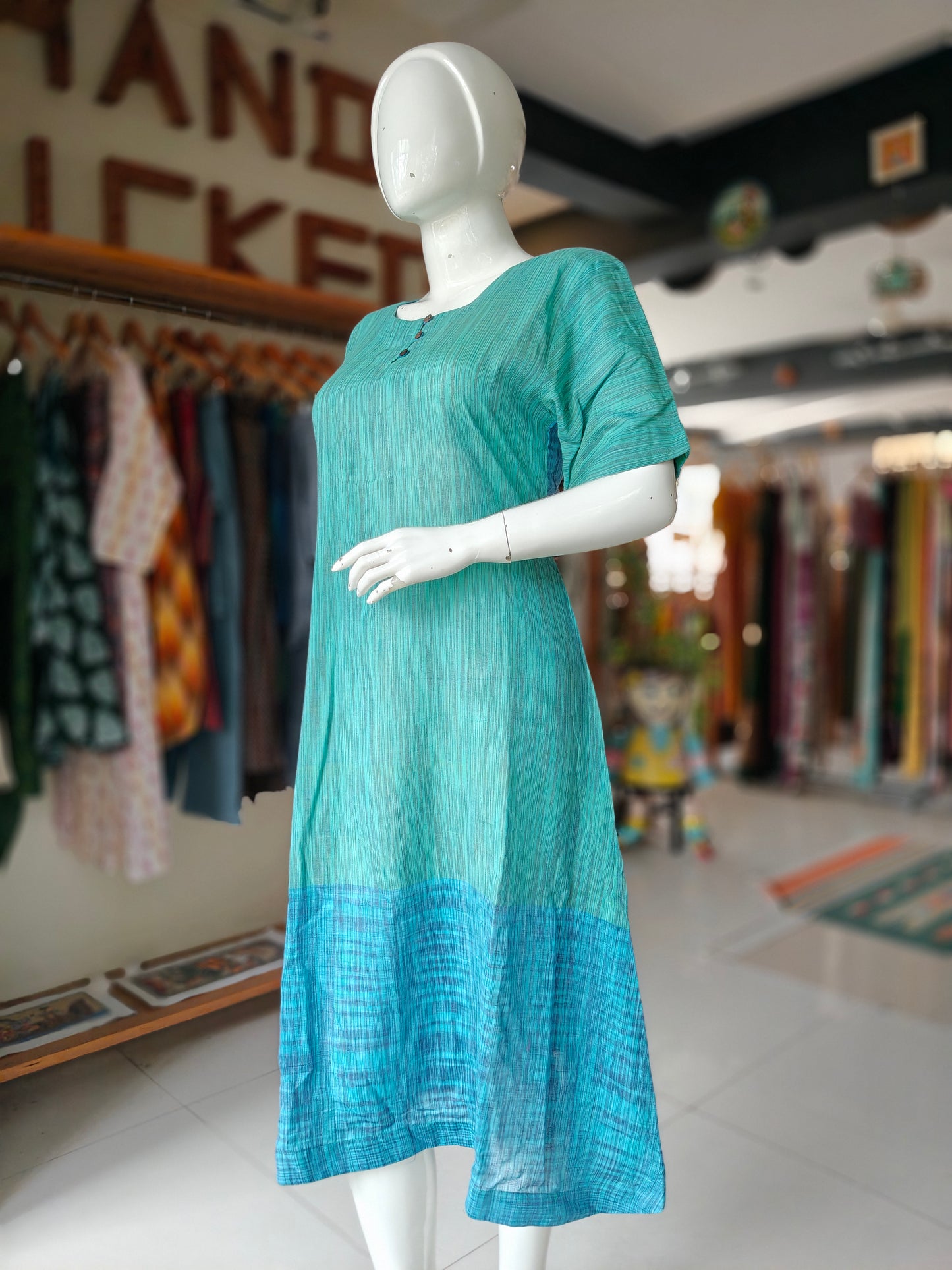 Green and blue hand woven cotton a-line dress / kurti