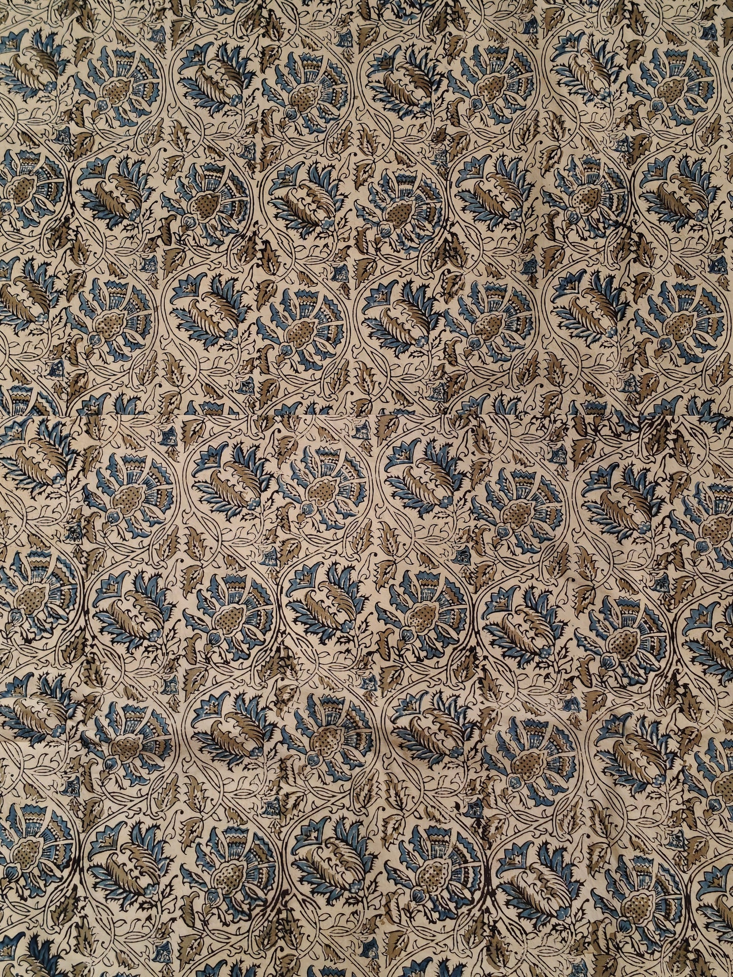 Blue floral on cream base handblock printed Kalamkari cotton fabric