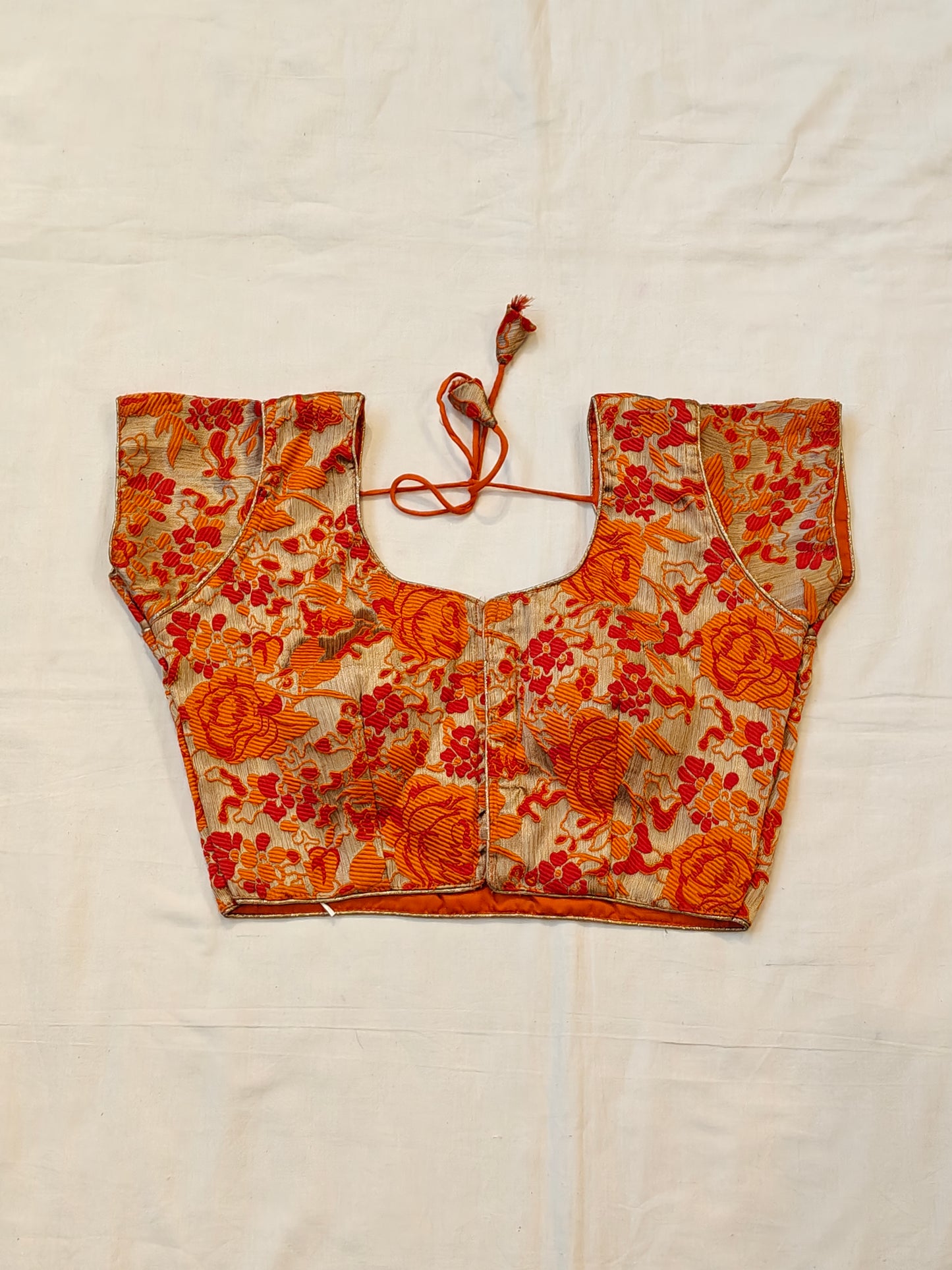 Orange n Red floral design short sleeves silk blouse