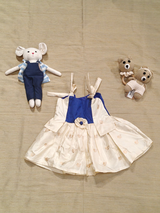Cream and blue pure silk handwoven outfit for little girls