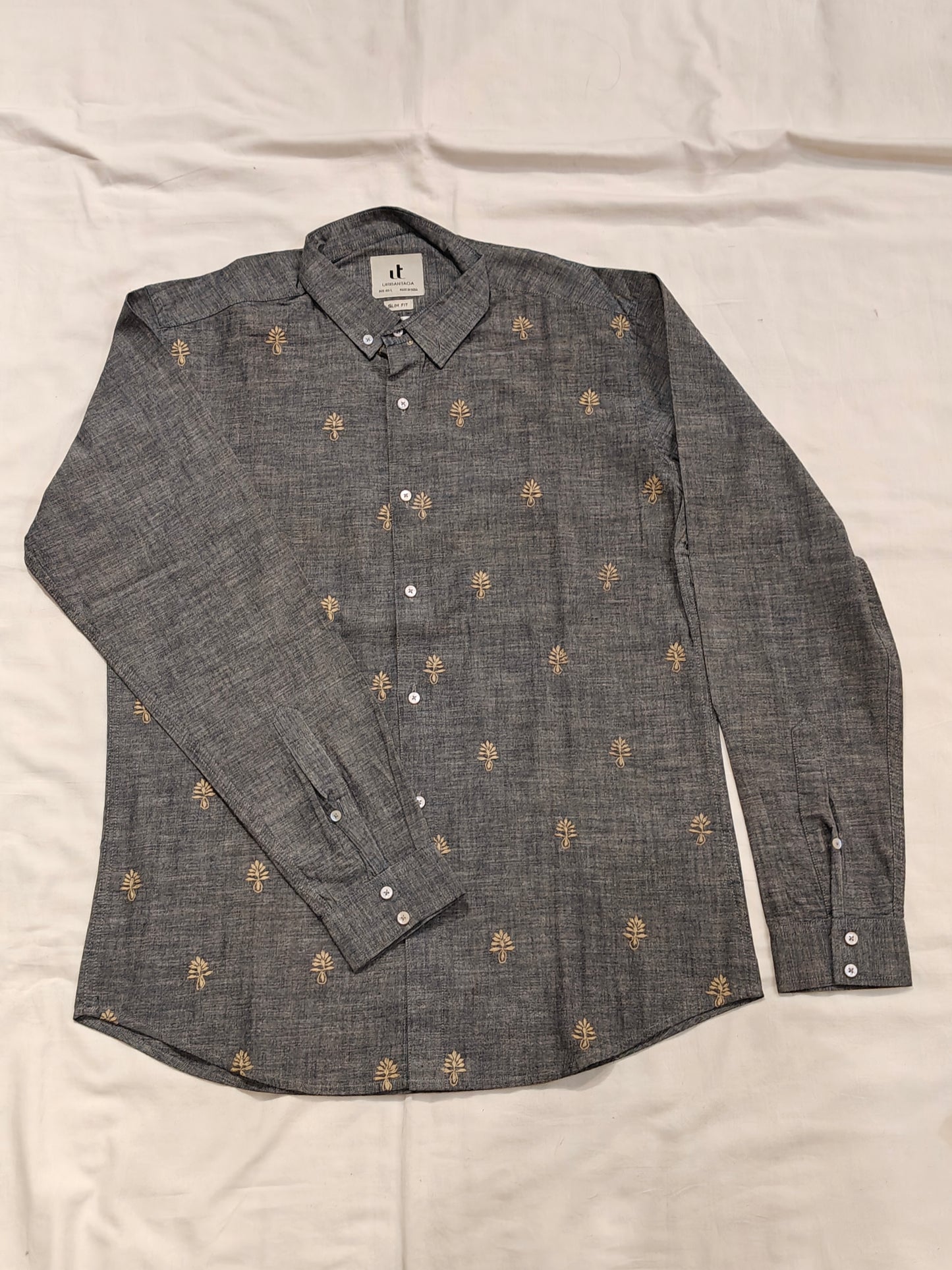 Grey with leaves hand embroidered cotton shirt for men
