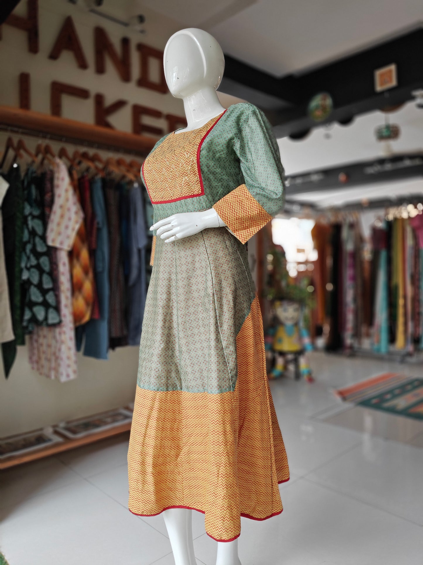 Green yellow red floral printed chanderi asymmetric hemline dress