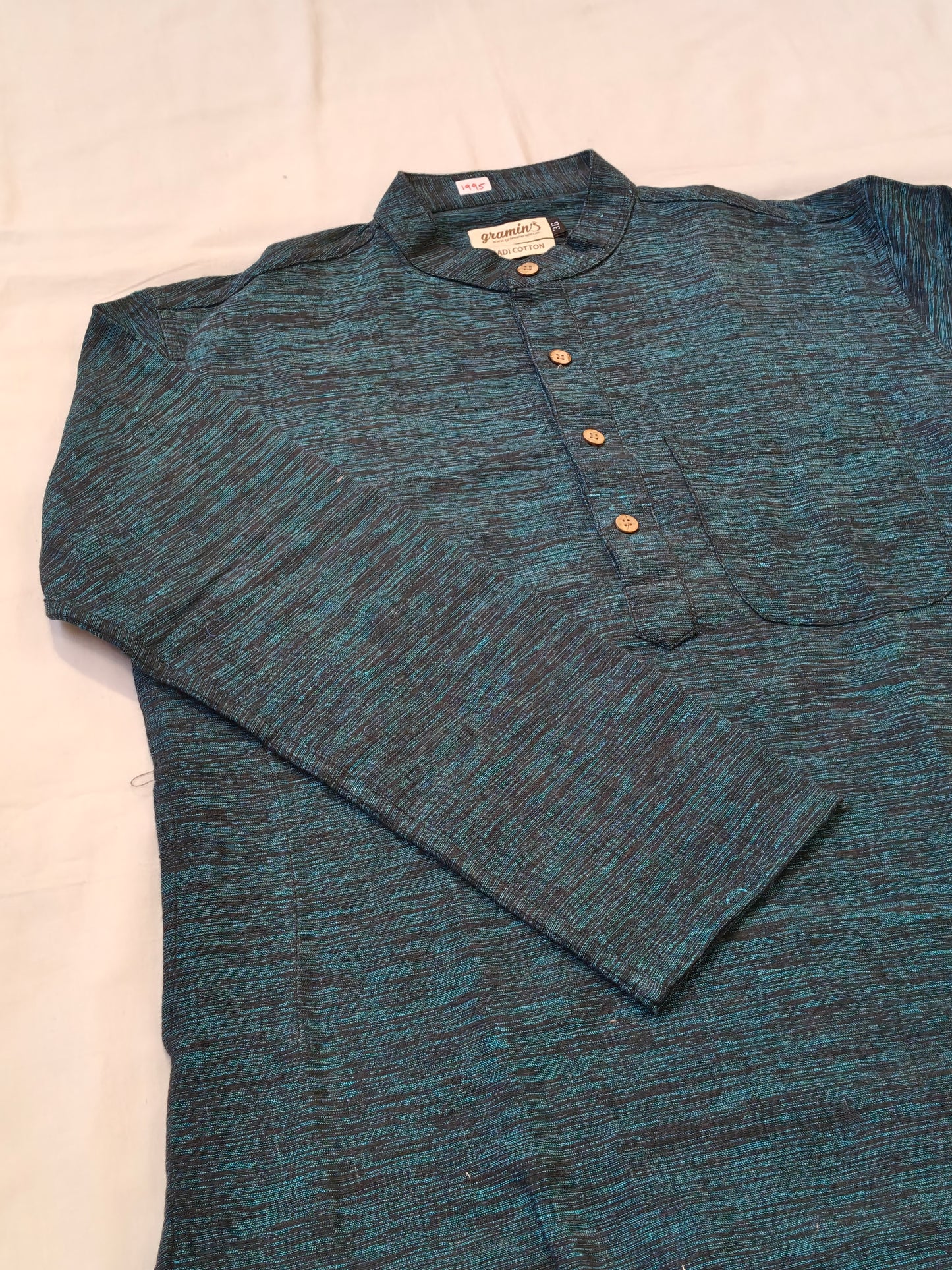 Teal and black textured thick cotton short kurta for men - hand spun, handwoven