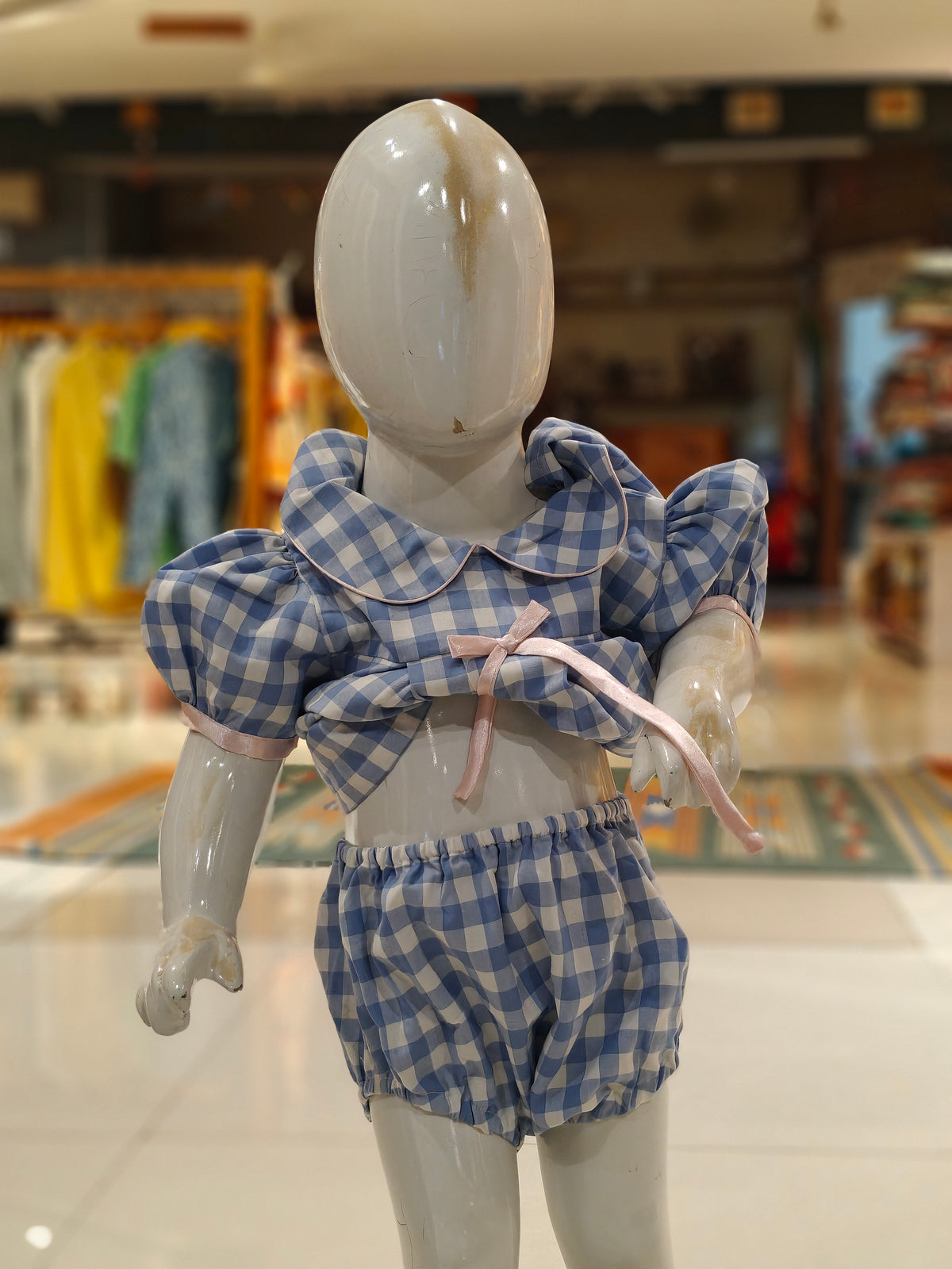 Blue n white checks with pink bow tie puffed sleeved frock with shorts - 2 piece set